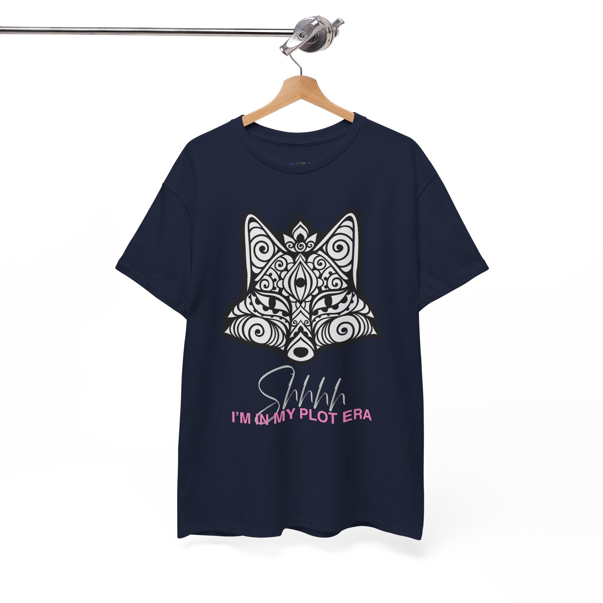 Blackberry t-shirt with white geographic  fox design and text 'Shhhh, I'm In My Plot Era'