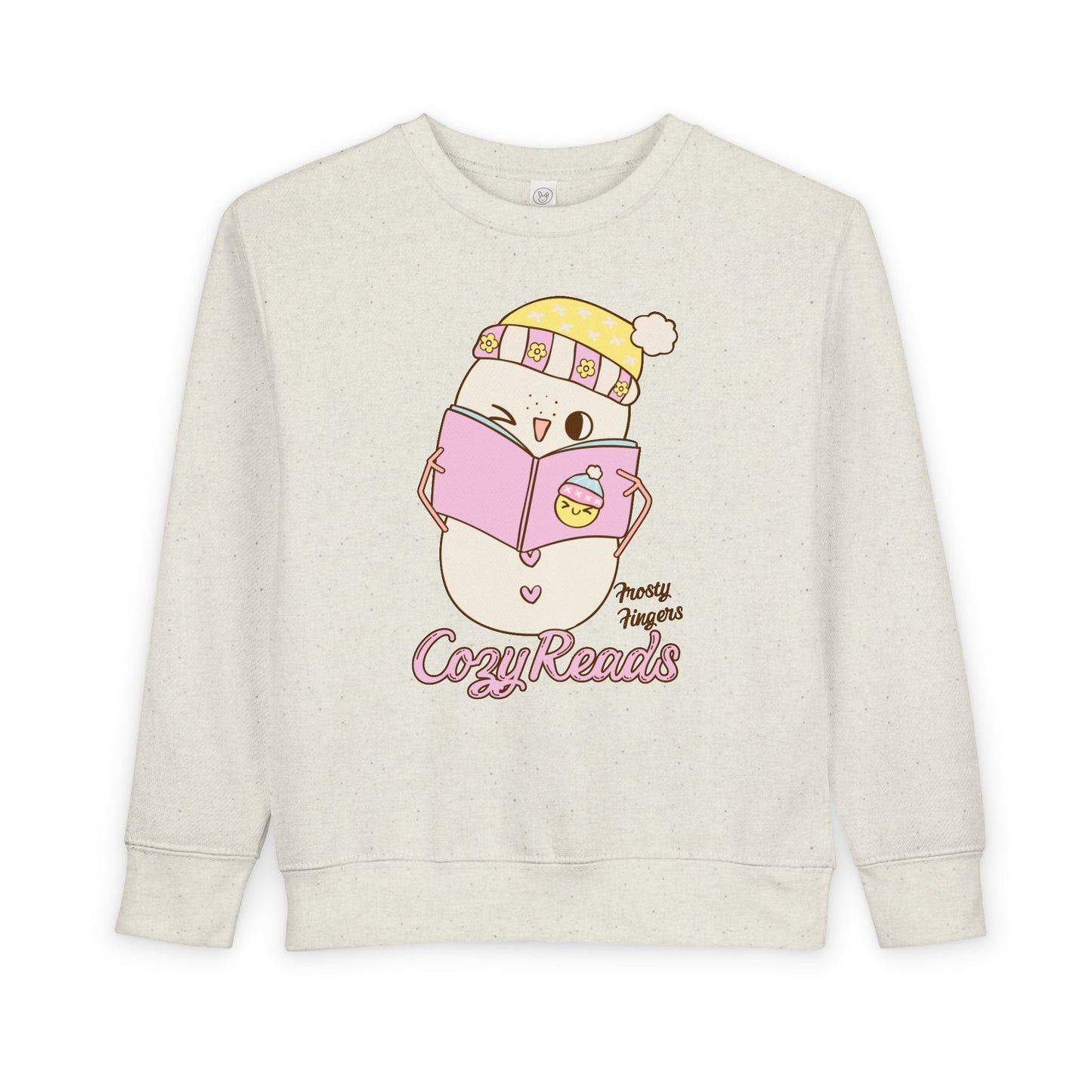 Beige sweatshirt with a cartoon snowman reading a book and 'Frosty Fingers, Cozy Reads' text on a white background