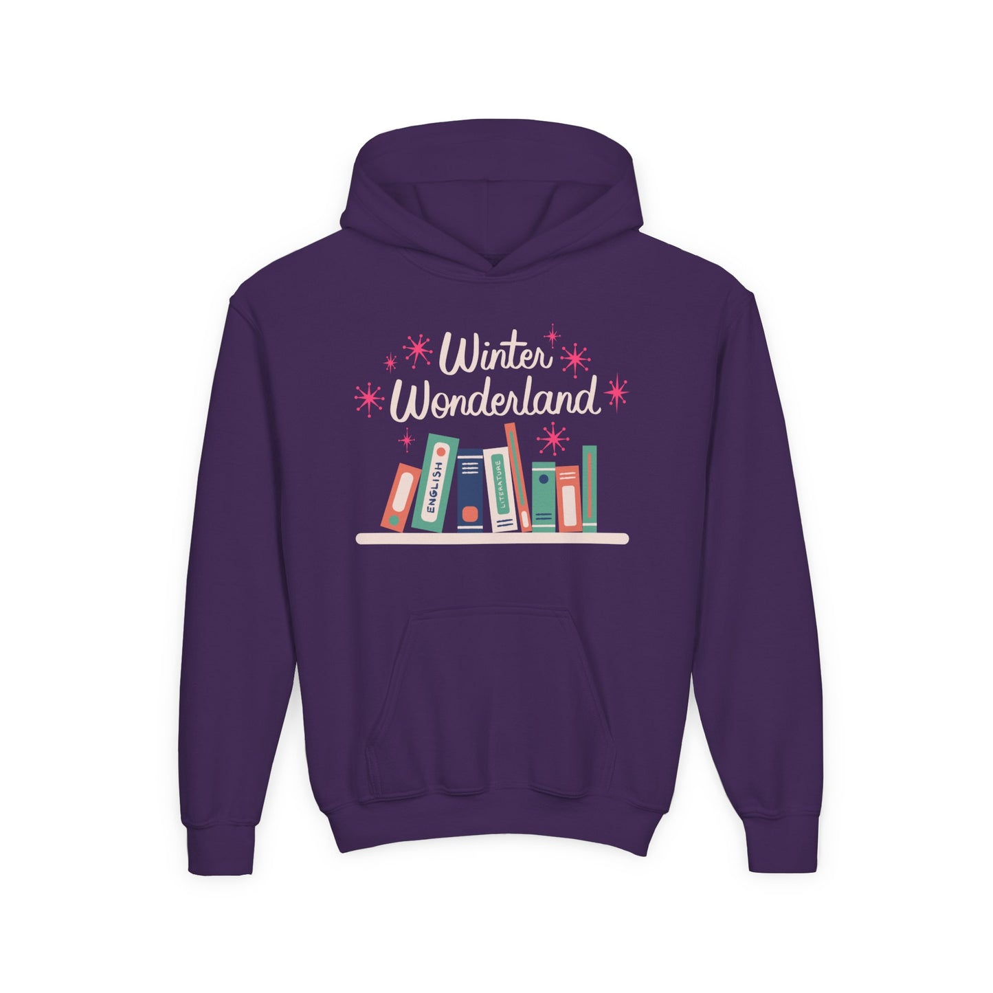 Purple hoodie with 'Winter Wonderland' text and book illustration on a white background