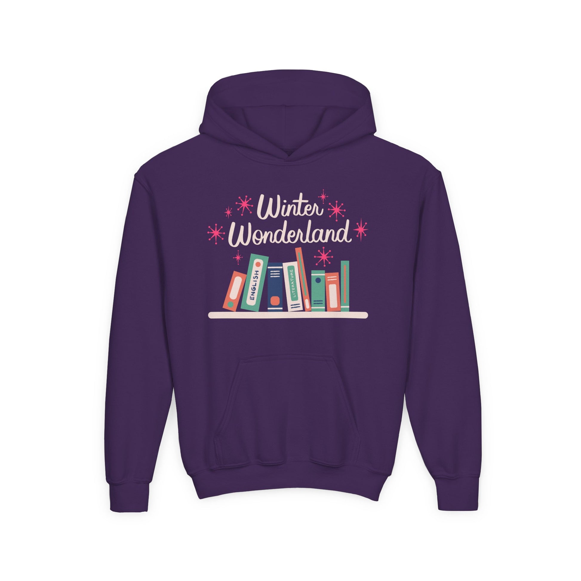 Purple hoodie with 'Winter Wonderland' text and book illustration on a white background