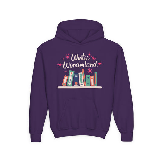 Purple hoodie with 'Winter Wonderland' text and book illustration on a white background