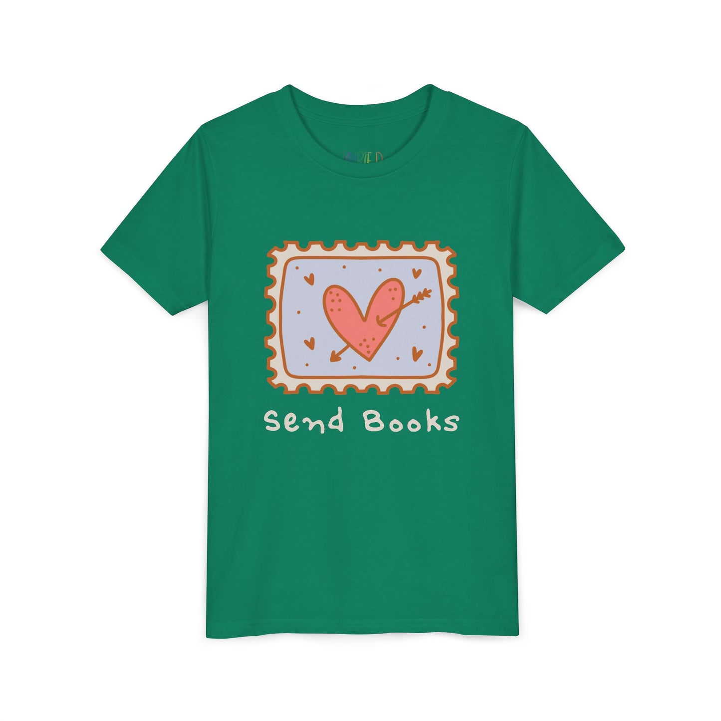 Green t-shirt with a heart stamp and text 'Send Books'