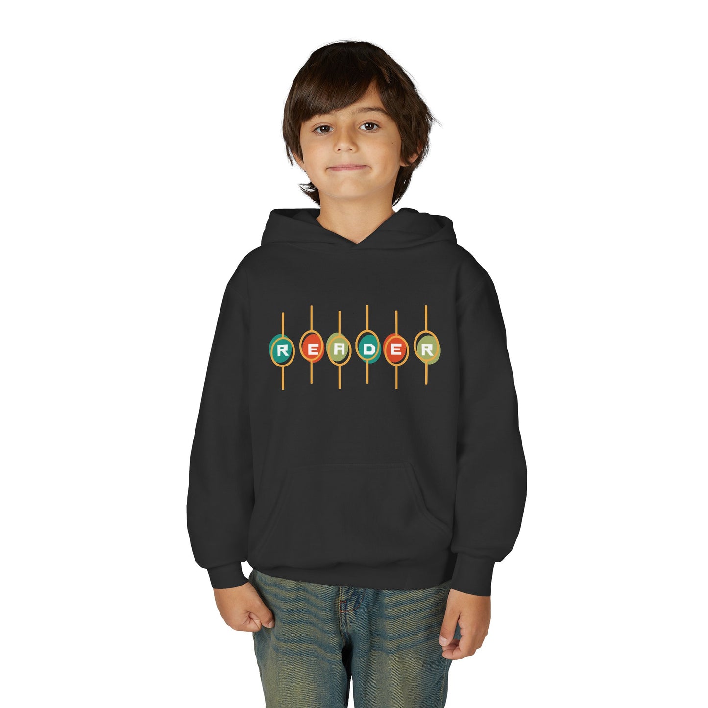 Boy wearing a black hoodie with colorful retro 'READER' design 