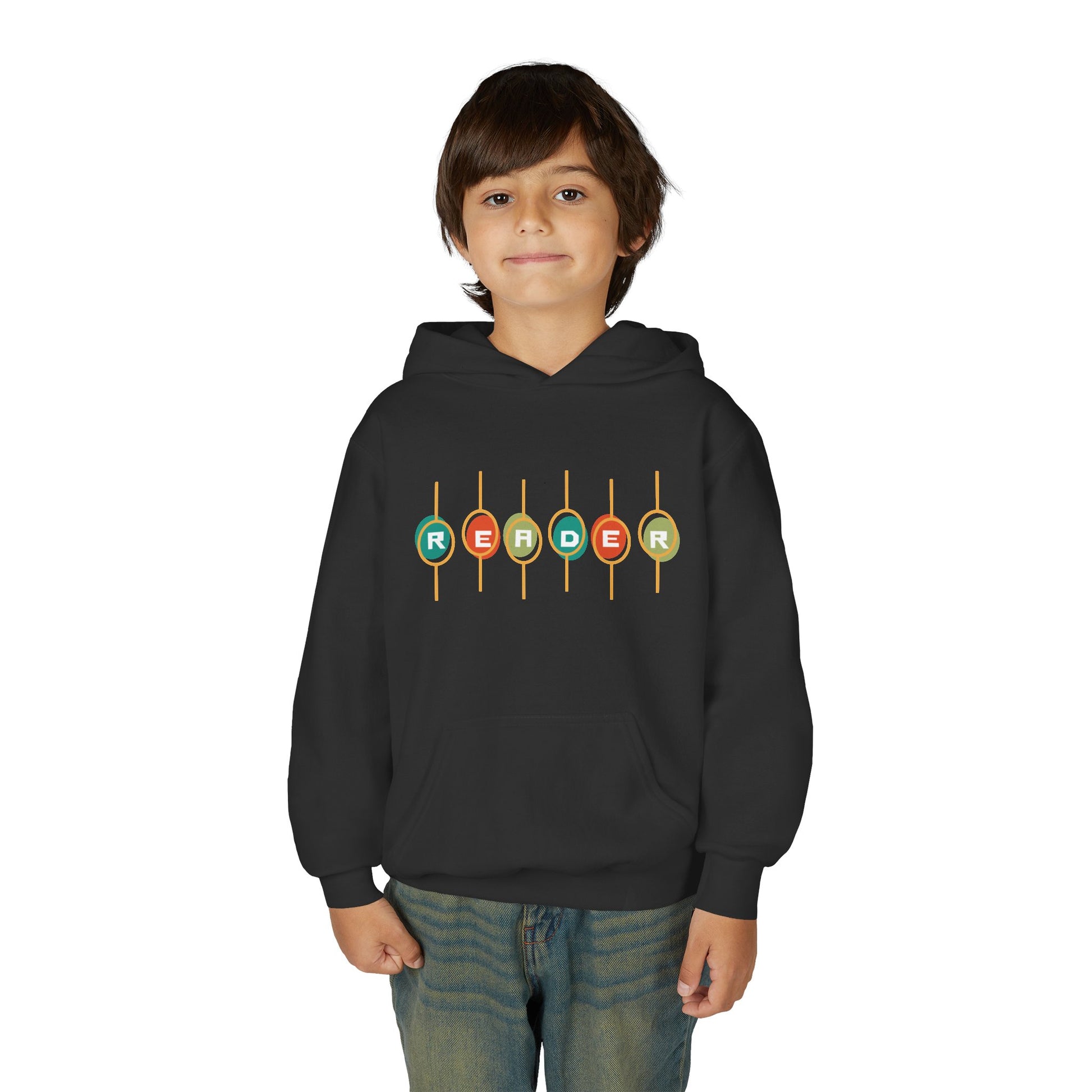 Boy wearing a black hoodie with colorful retro 'READER' design 
