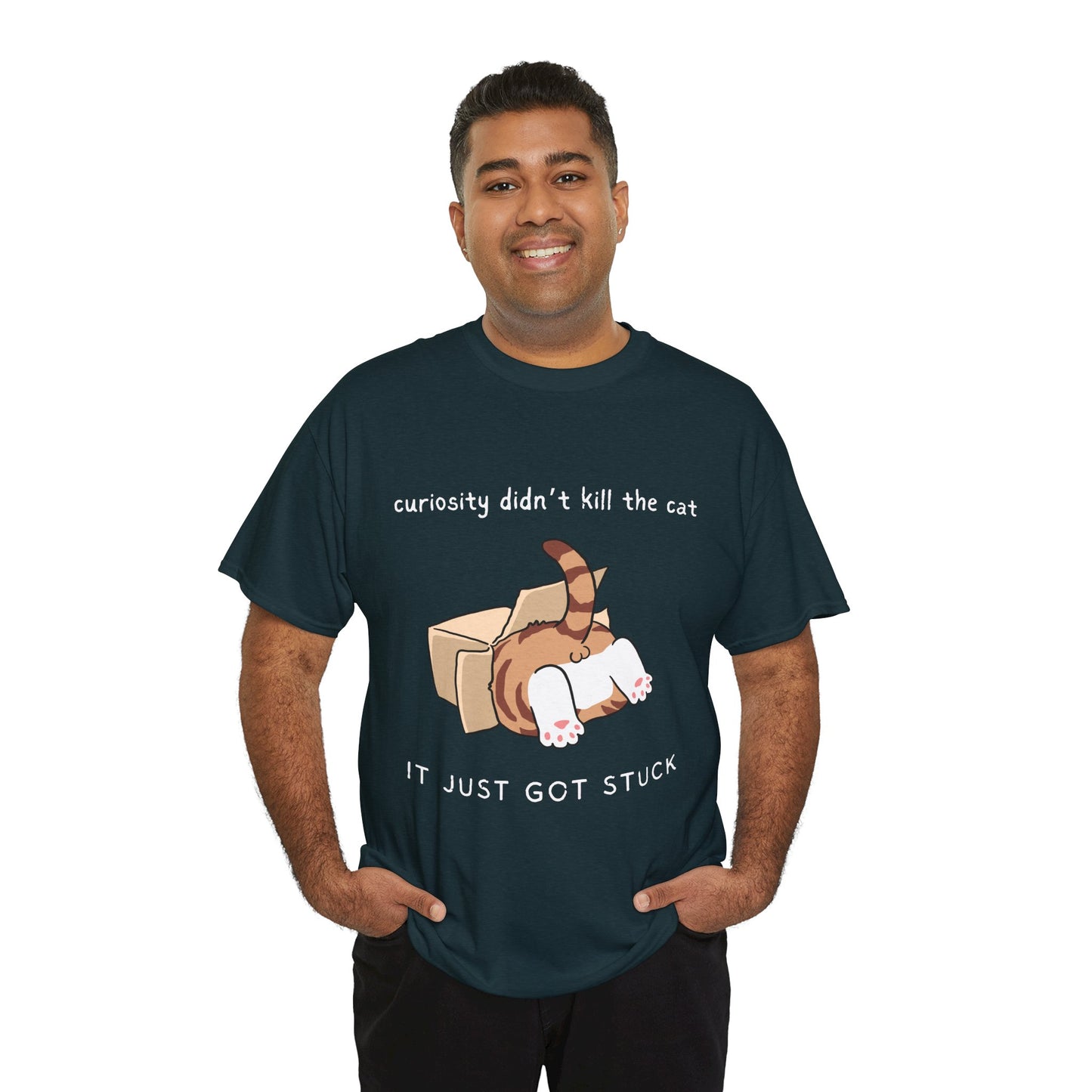 Man wearing a dark t-shirt with a cat 's back end sticking out of a box and text 'curiosity didn't kill the cat, it just got stuck'