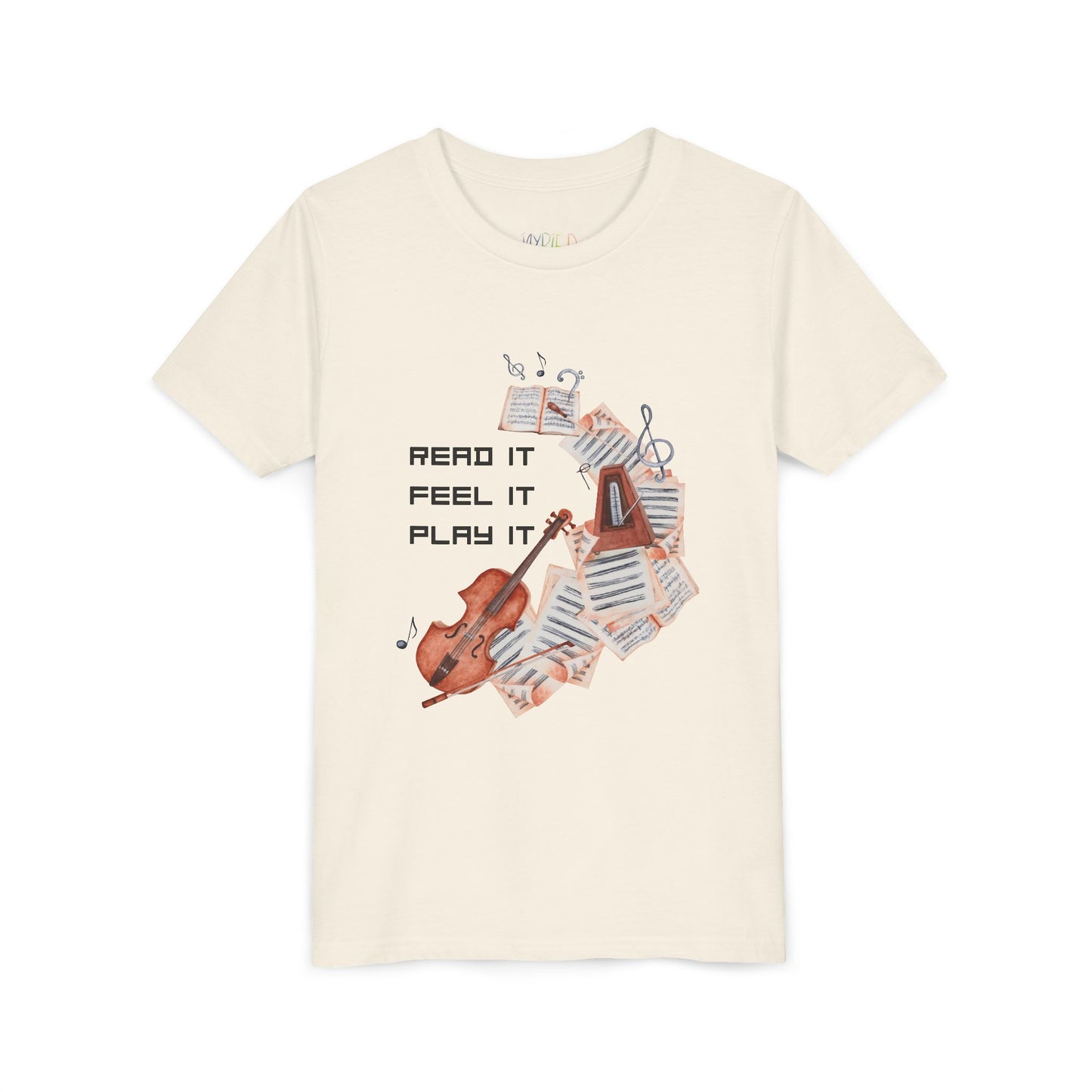 Beige t-shirt with swirling music sheets, metronome, violin and text 'Read It. Feel It. Play It.'