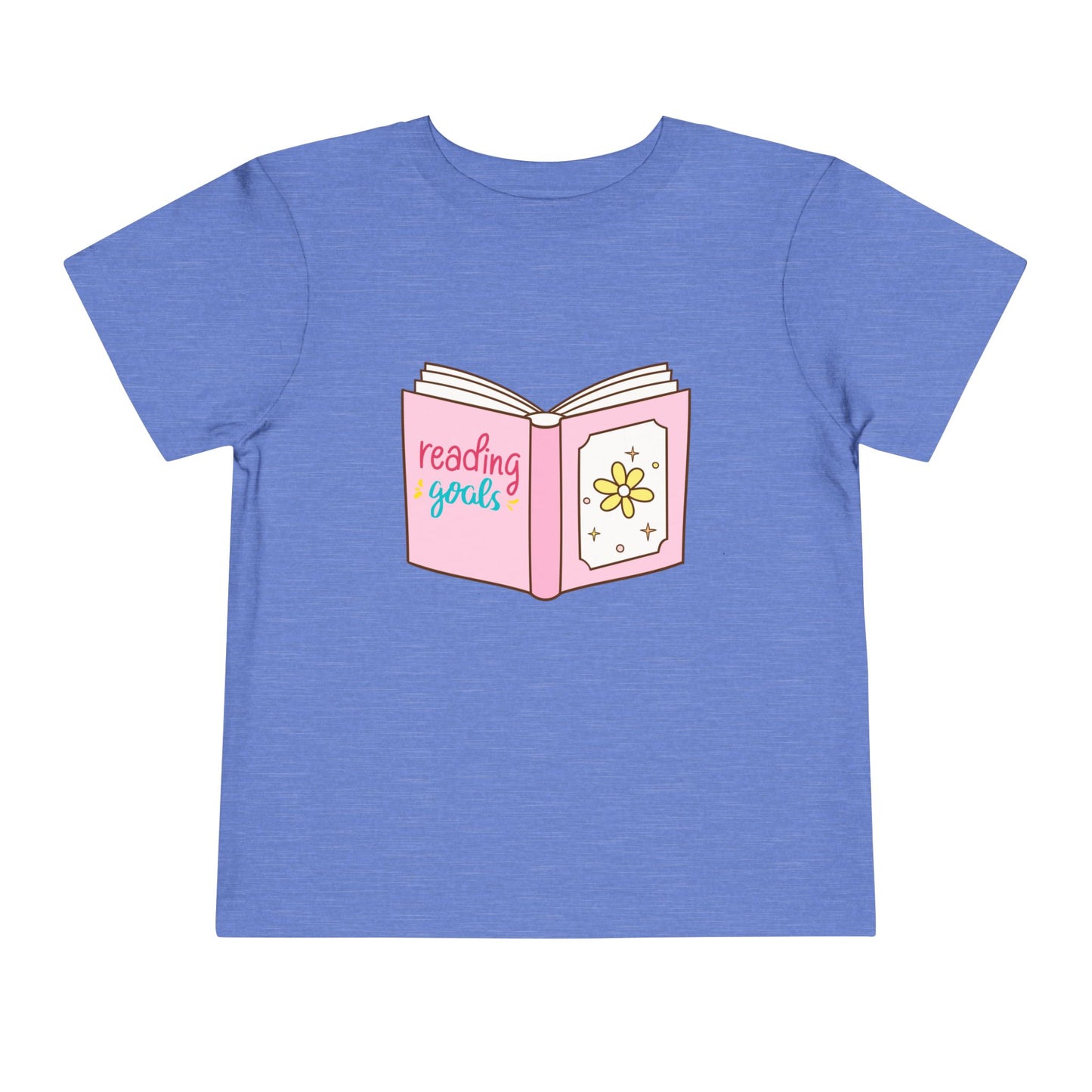 Blue toddler t-shirt with a pink book graphic and 'reading goals' text 