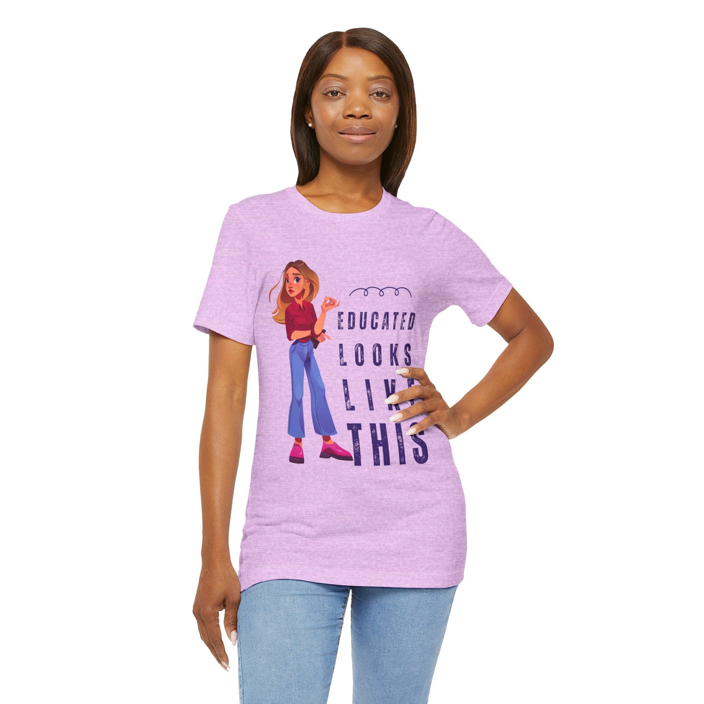 Woman wearing a light purple t-shirt with woman and text 'Educated Looks Like This' 