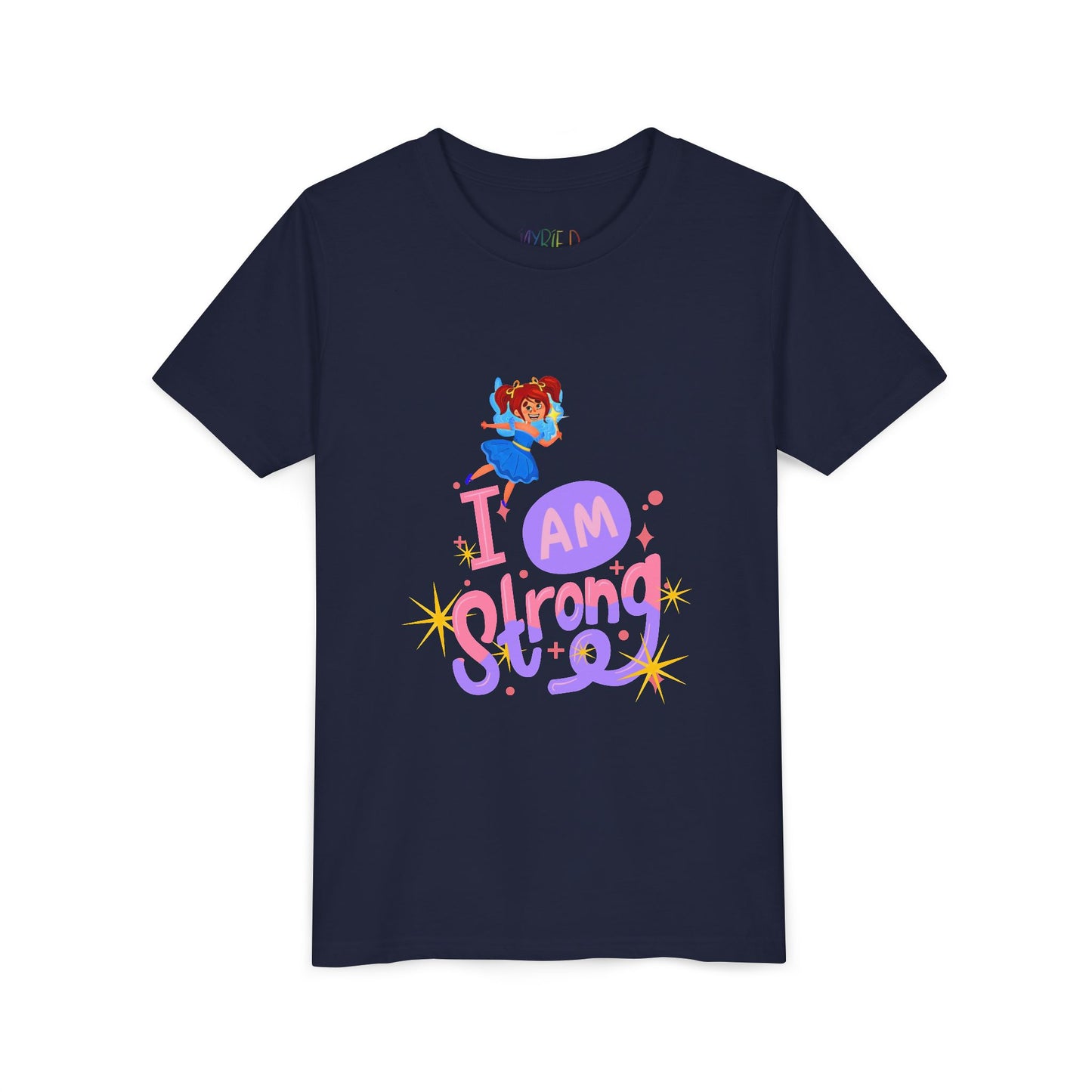 Navy blue t-shirt with a colorful fairy graphic and text 'I AM STRONG'