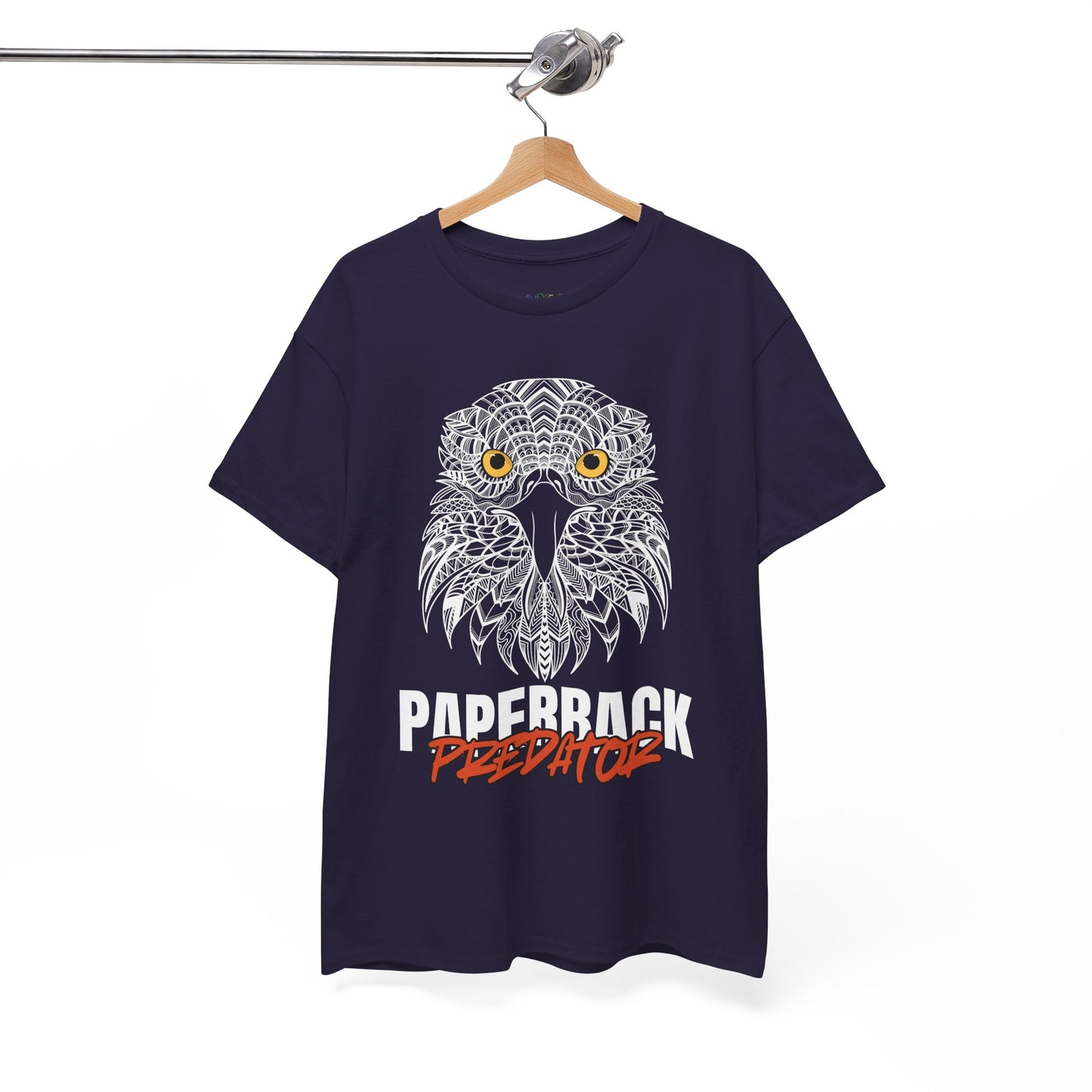 Blackberry t-shirt with a yellow eyed hawk and text 'PAPERBACK PREDATOR' 
