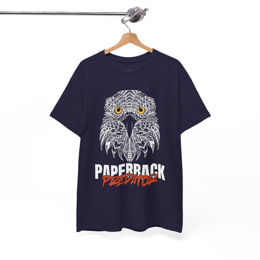 Blackberry t-shirt with a yellow eyed hawk and text 'PAPERBACK PREDATOR' 