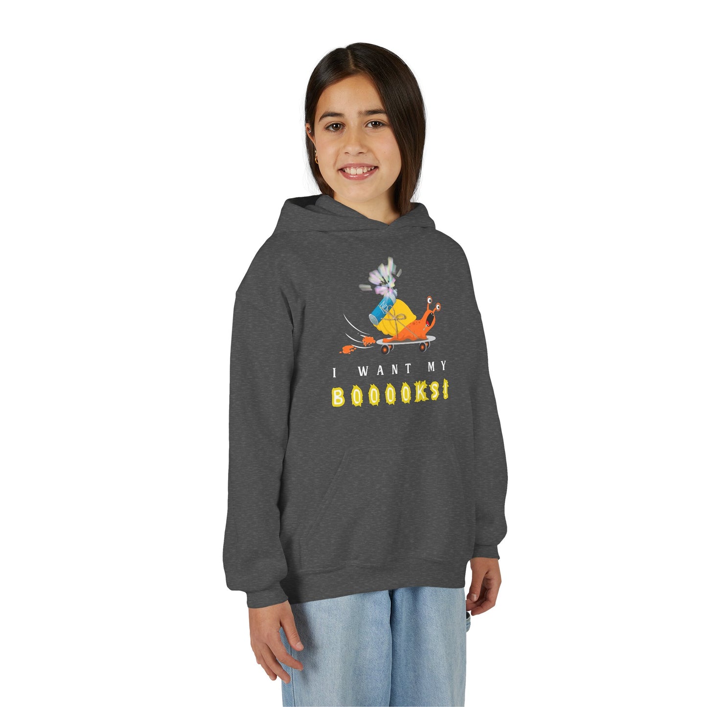 Girl wearing a gray hoodie with cartoon snail on a skateboard, NOS strapped to it's back and text 'I WANT MY BOOOOKS!'