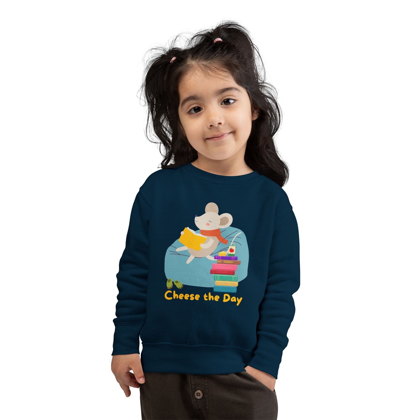 Girl wearing a navy blue Toddler Cheese the Day Mouse Reader Sweatshirt