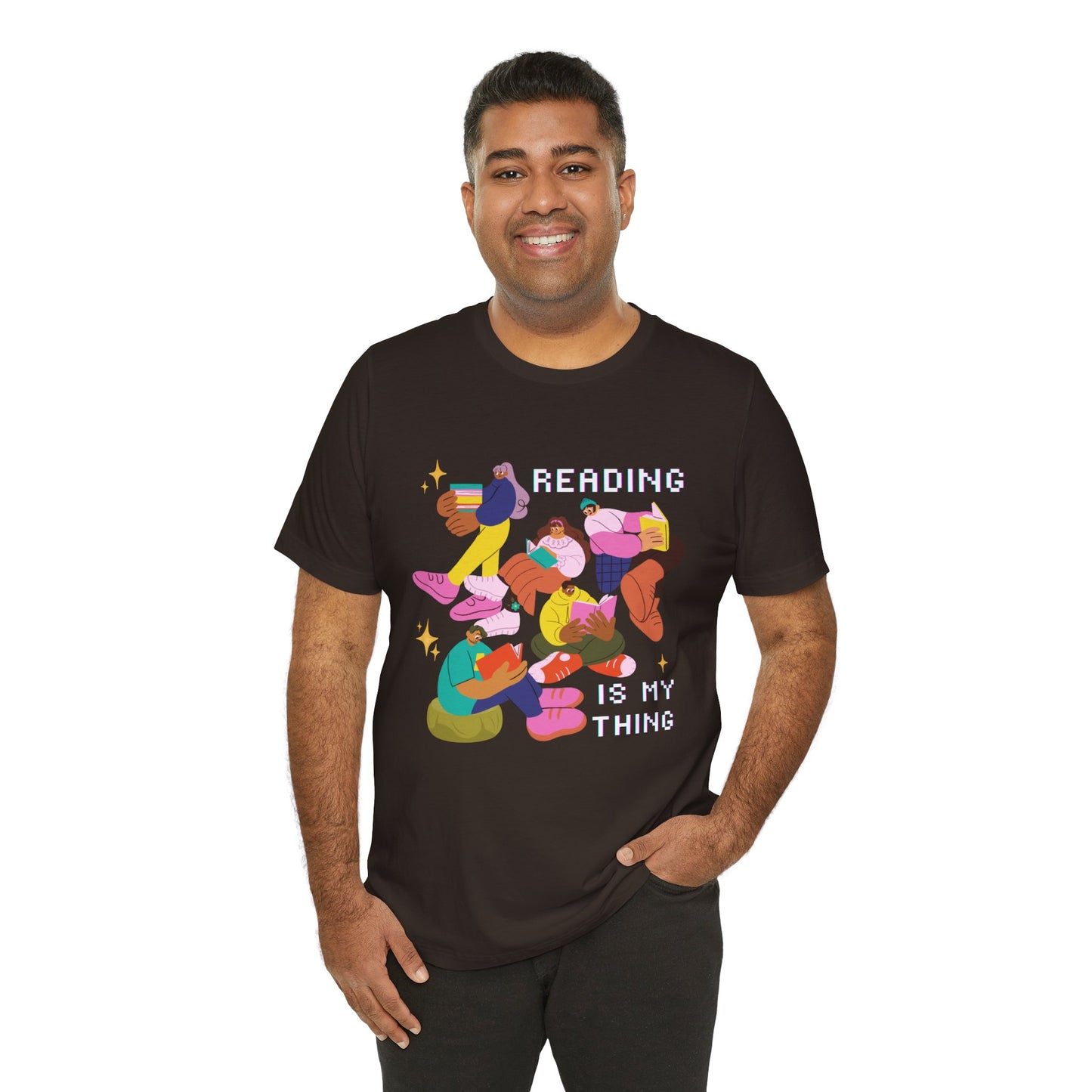 Man wearing a brown t-shirt with colorful modern people reading books and 'Reading is my thing' text 