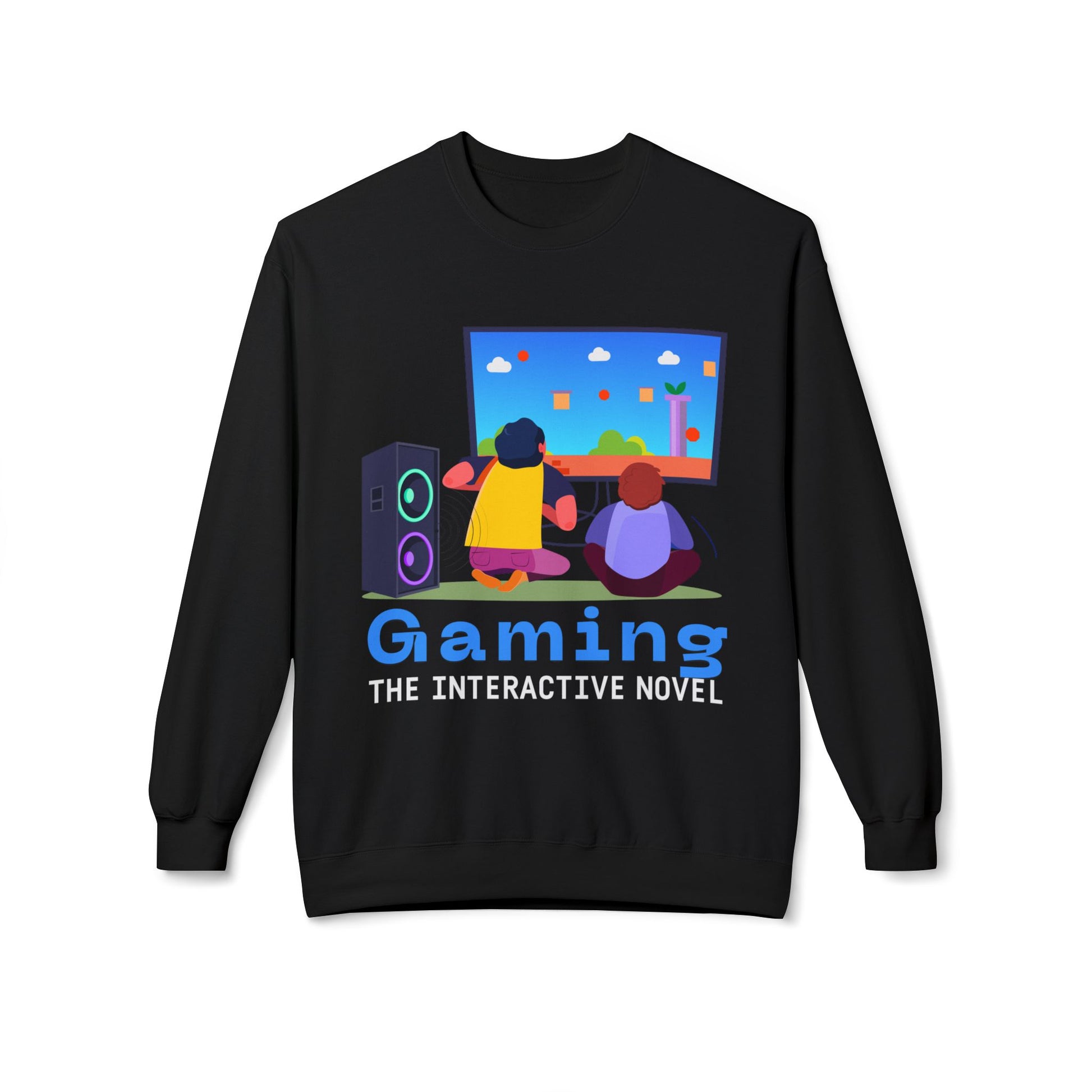Black sweatshirt with colorful graphic of two people playing a video game and text 'Gaming The Interactive Novel' 