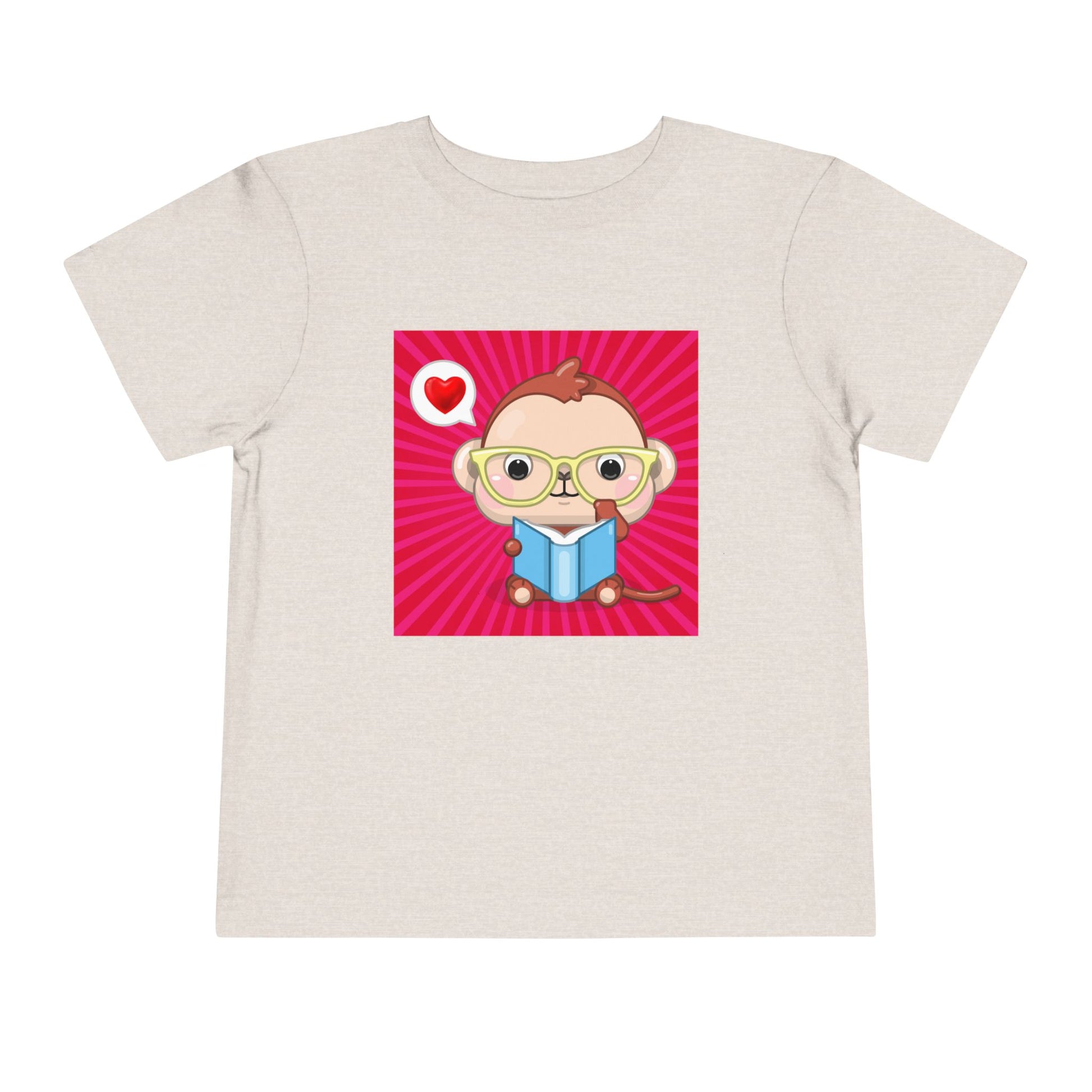 Tan t-shirt with a cartoon monkey in yellow eye glasses, reading a book, a heart thought bubble and red background