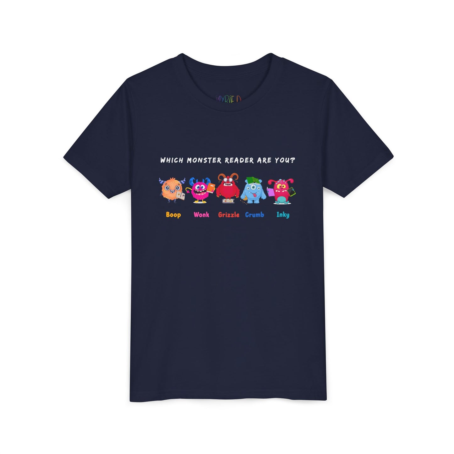 Navy blue t-shirt with colorful monster and text 'Which Monster Reader Are You?'