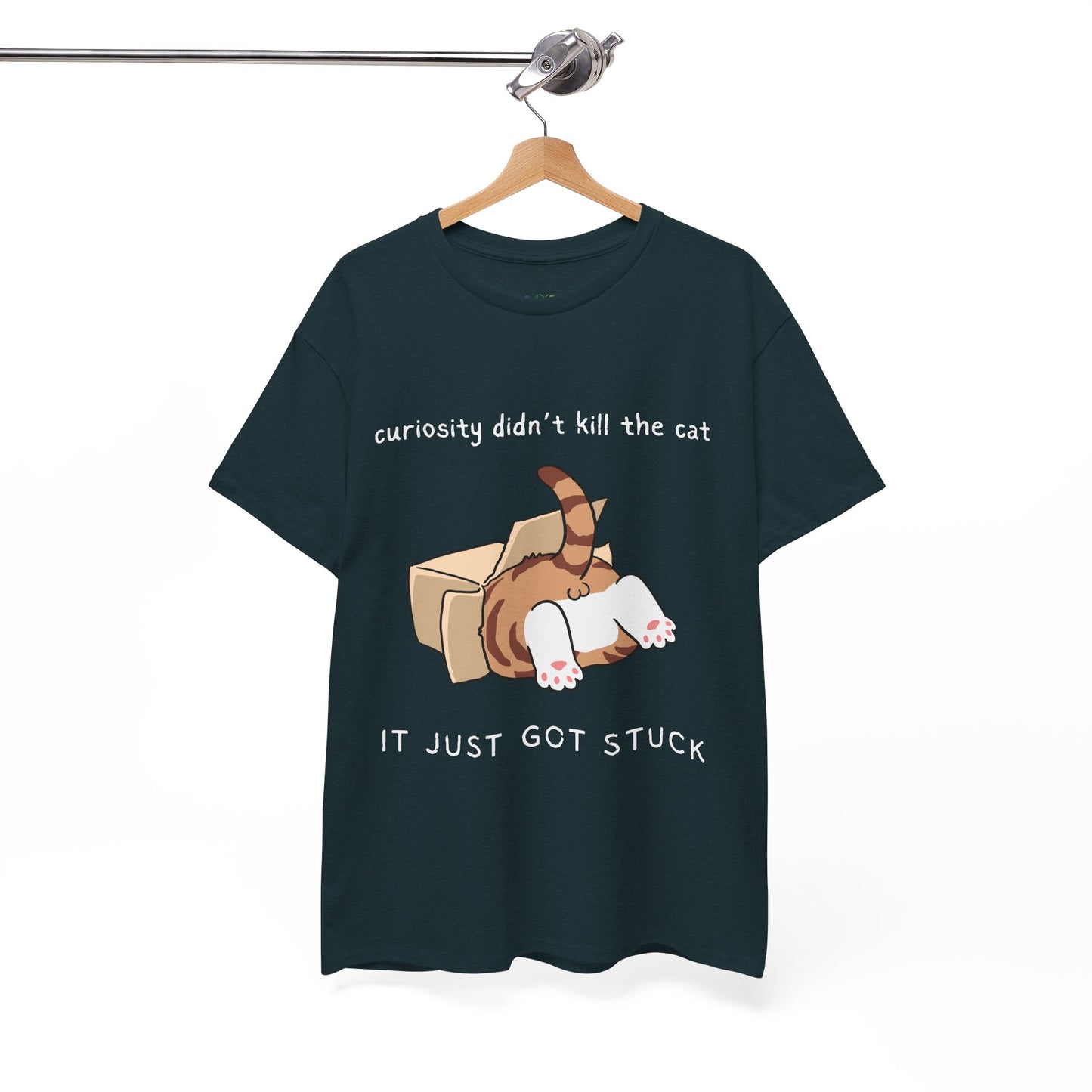 Dark t-shirt with a cat 's back end sticking out of a box and text 'curiosity didn't kill the cat, it just got stuck'