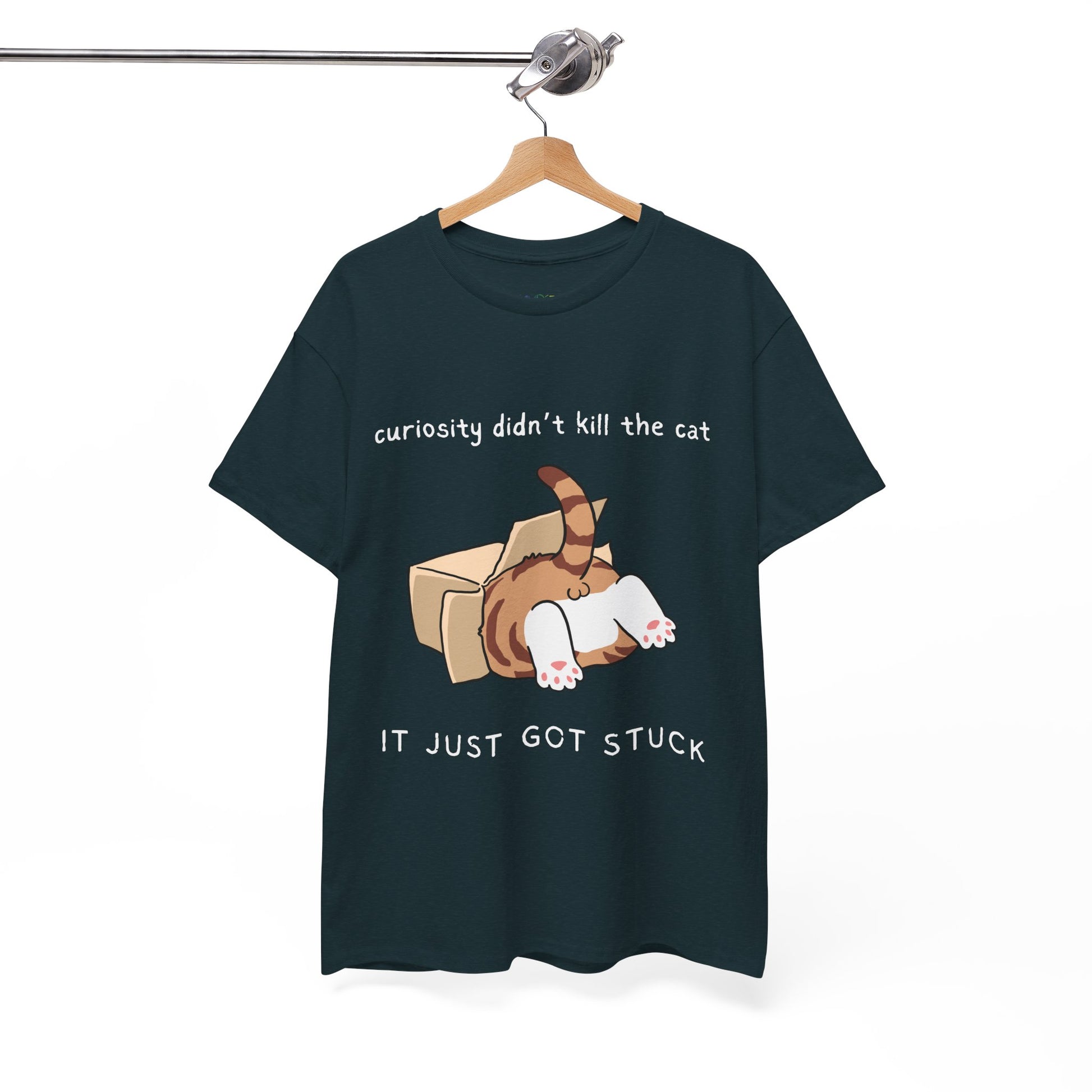 Dark t-shirt with a cat 's back end sticking out of a box and text 'curiosity didn't kill the cat, it just got stuck'