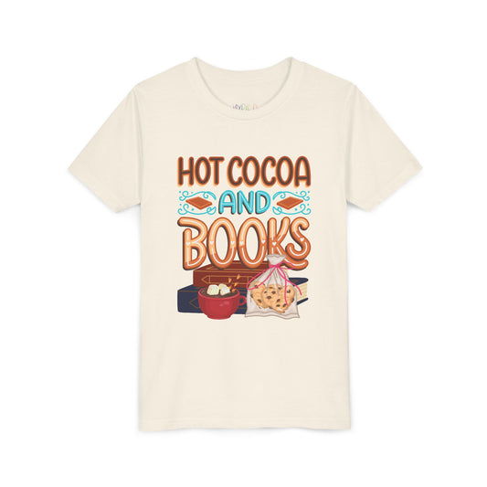 Beige t-shirt with 'Hot Cocoa and Books' graphic design on a white background
