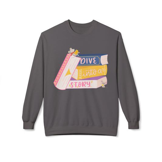 Teen/Adult Unisex Dive Into a Story Sweatshirt – Cute Bookish Mice Reading Crewneck