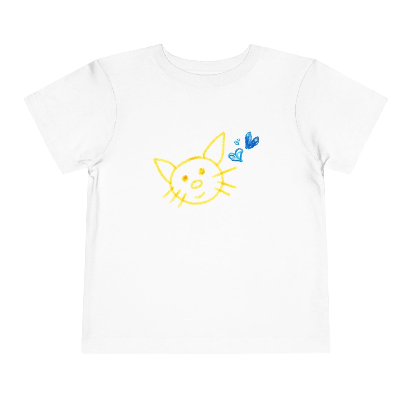 White toddler t-shirt with a yellow and blue crayon drawing of a cat and hearts with a white background