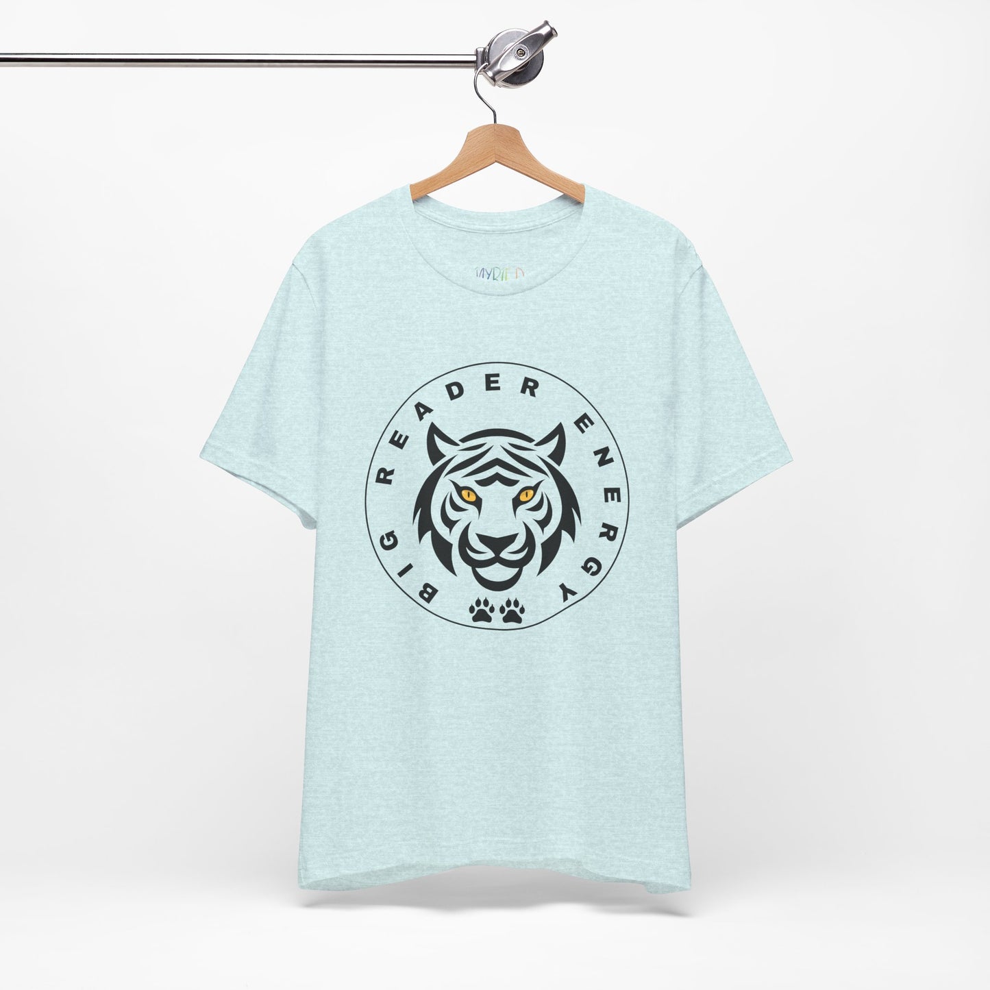 Light ice blue t-shirt with a black tiger logo, yellow eyes and circled by text 'Big Reader Energy'