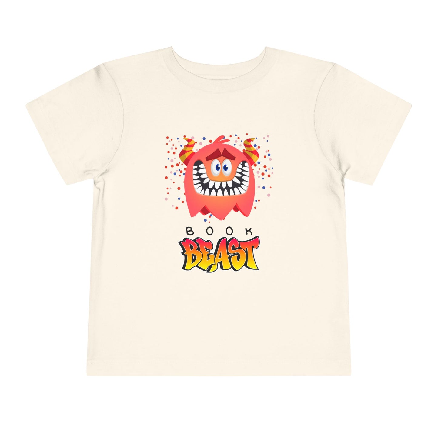 Beige toddler t-shirt with a toothy grinning monster surrounded by colorful confetti and 'Book Beast' text 