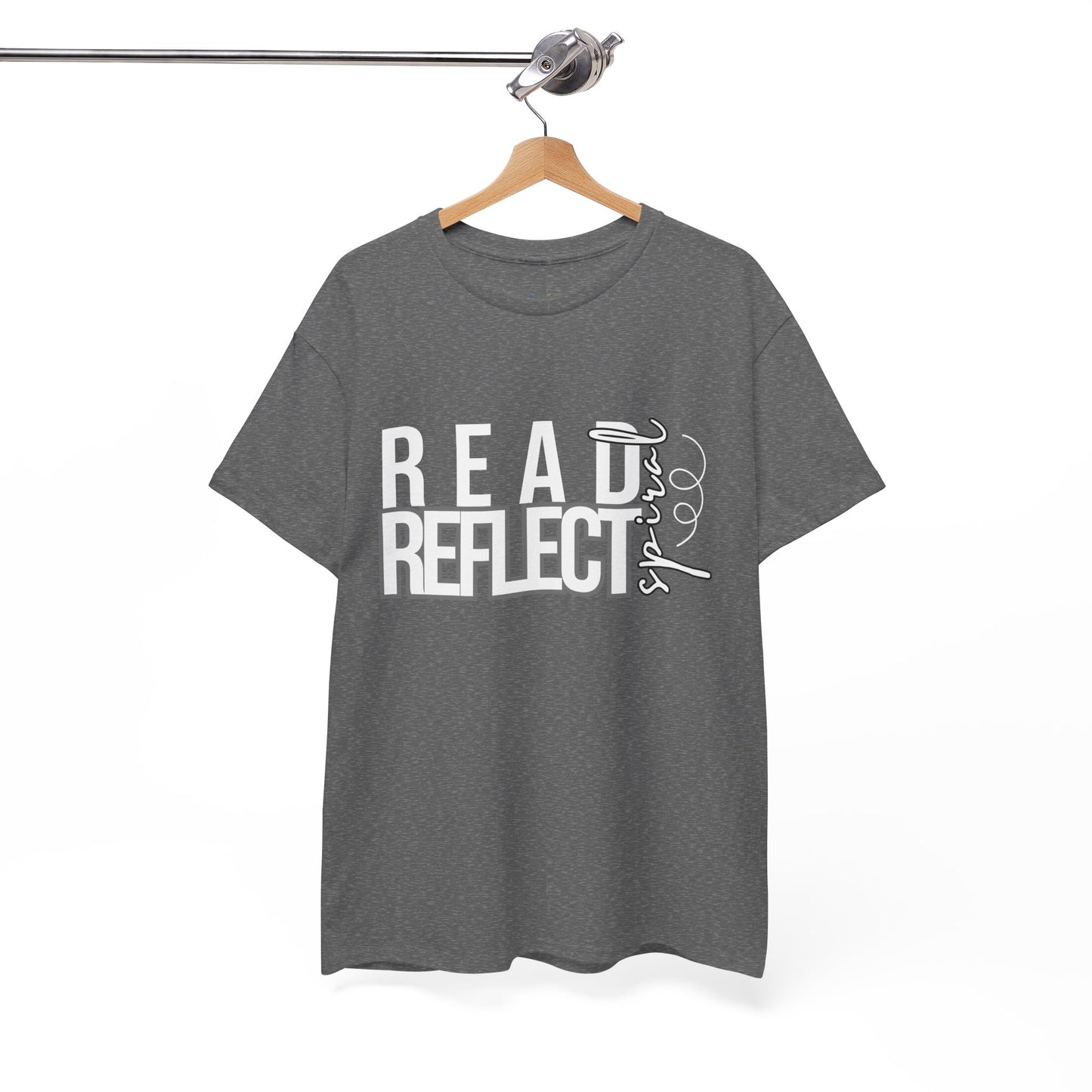 Gray t-shirt with 'READ REFLECT SPIRAL' text 