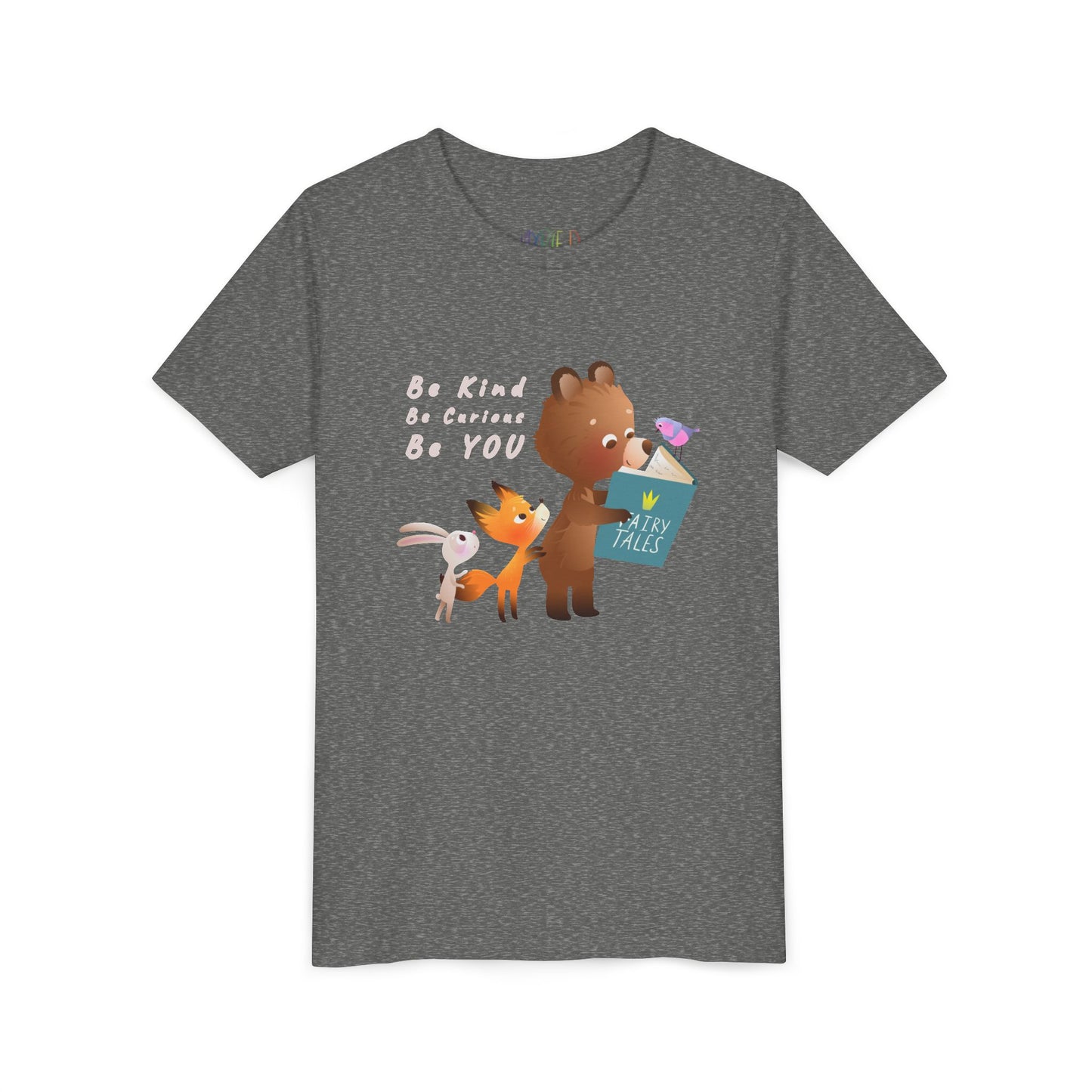 Gray t-shirt with cartoon animals reading a fairy tales book and text 'Be Kind. Be Curious. Be YOU.'