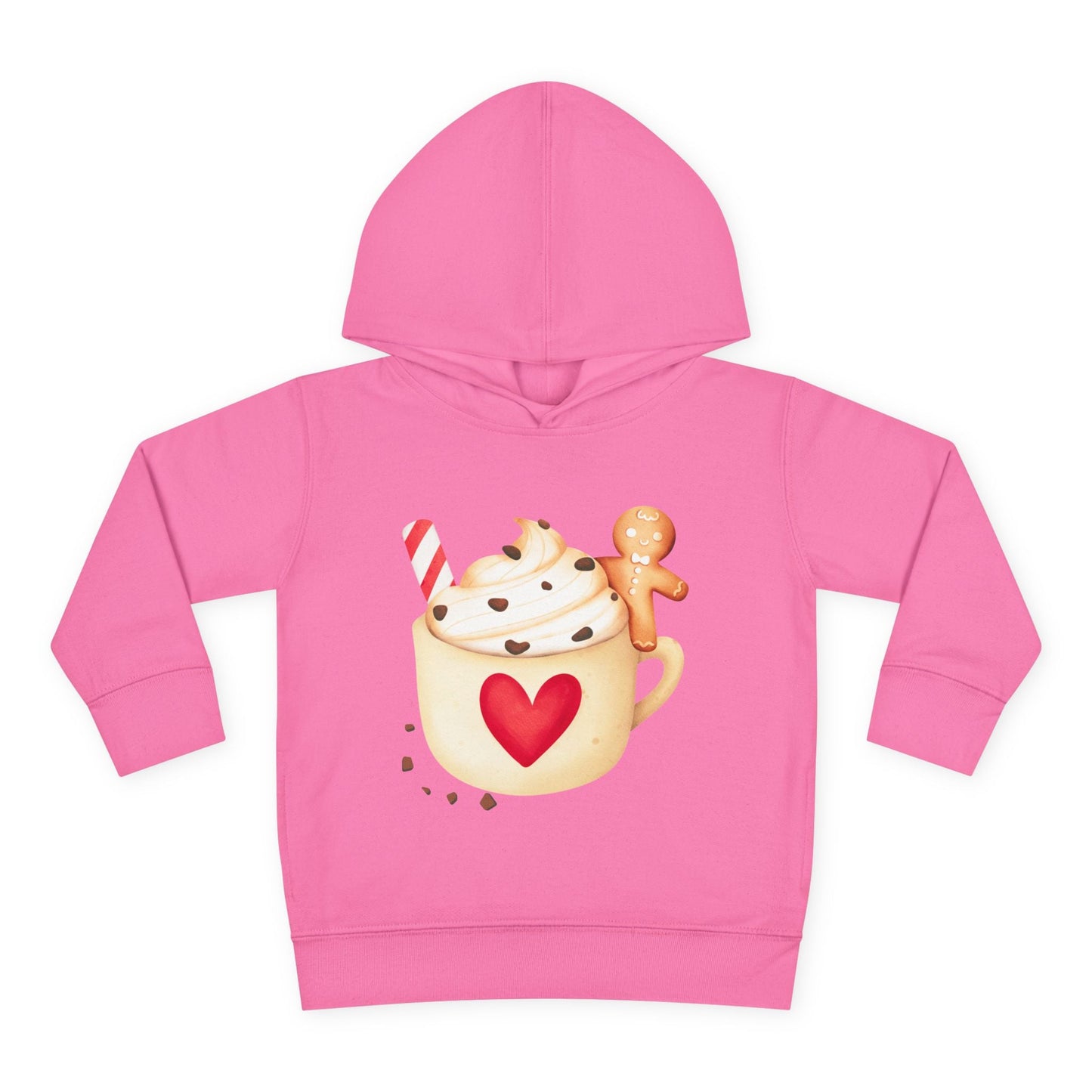 Pink toddler hoodie with a cup of hot cocoa featuring whipped cream, a candy cane, chocolate sprinkles and a gingerbread man on a white background.