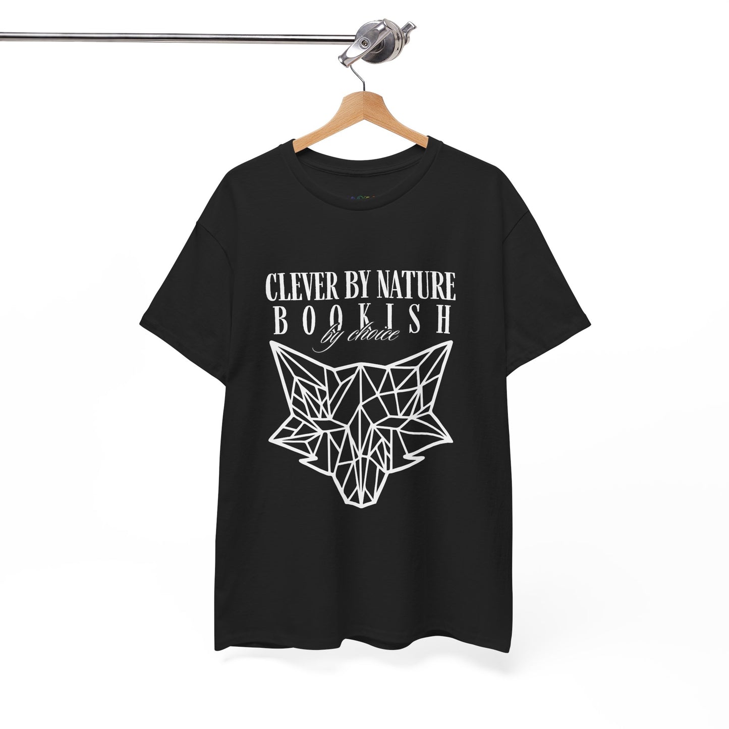 Black t-shirt with white geometric fox design and text 'Clever by Nature, Bookish By Choice'