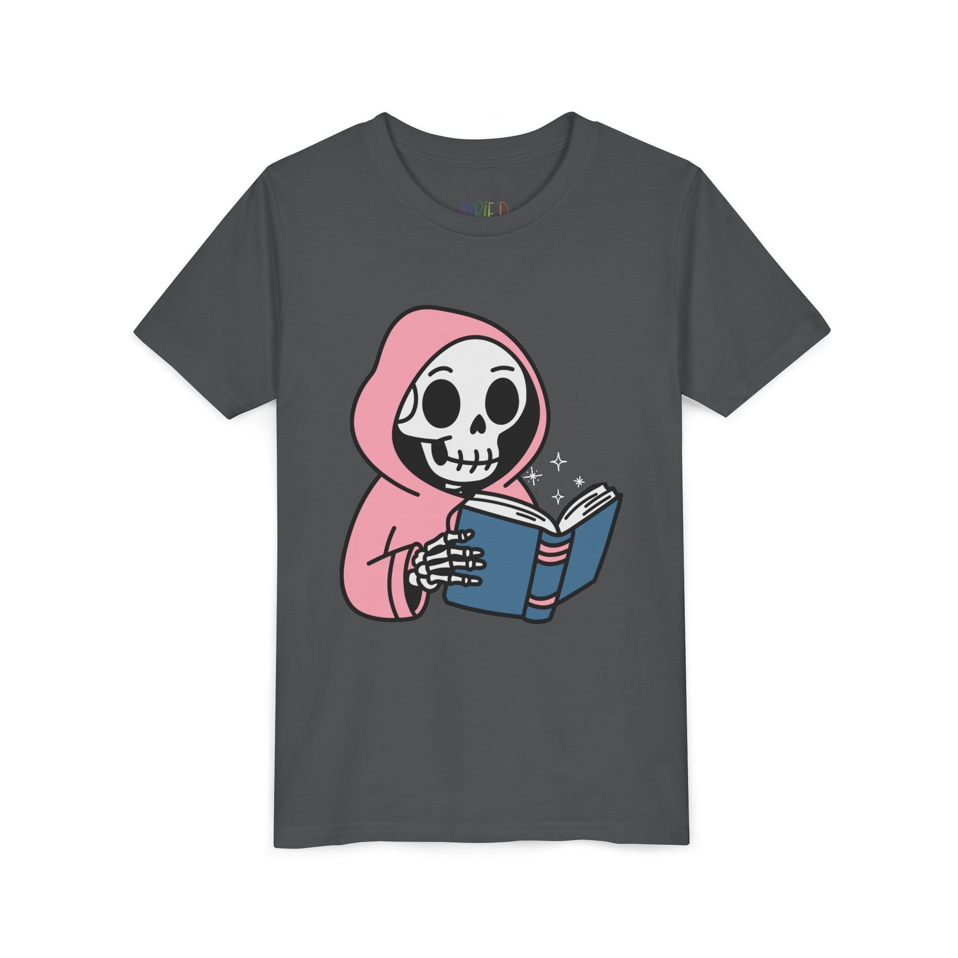Gray t-shirt with a cartoon skeleton wearing a pink hoodie and reading a book