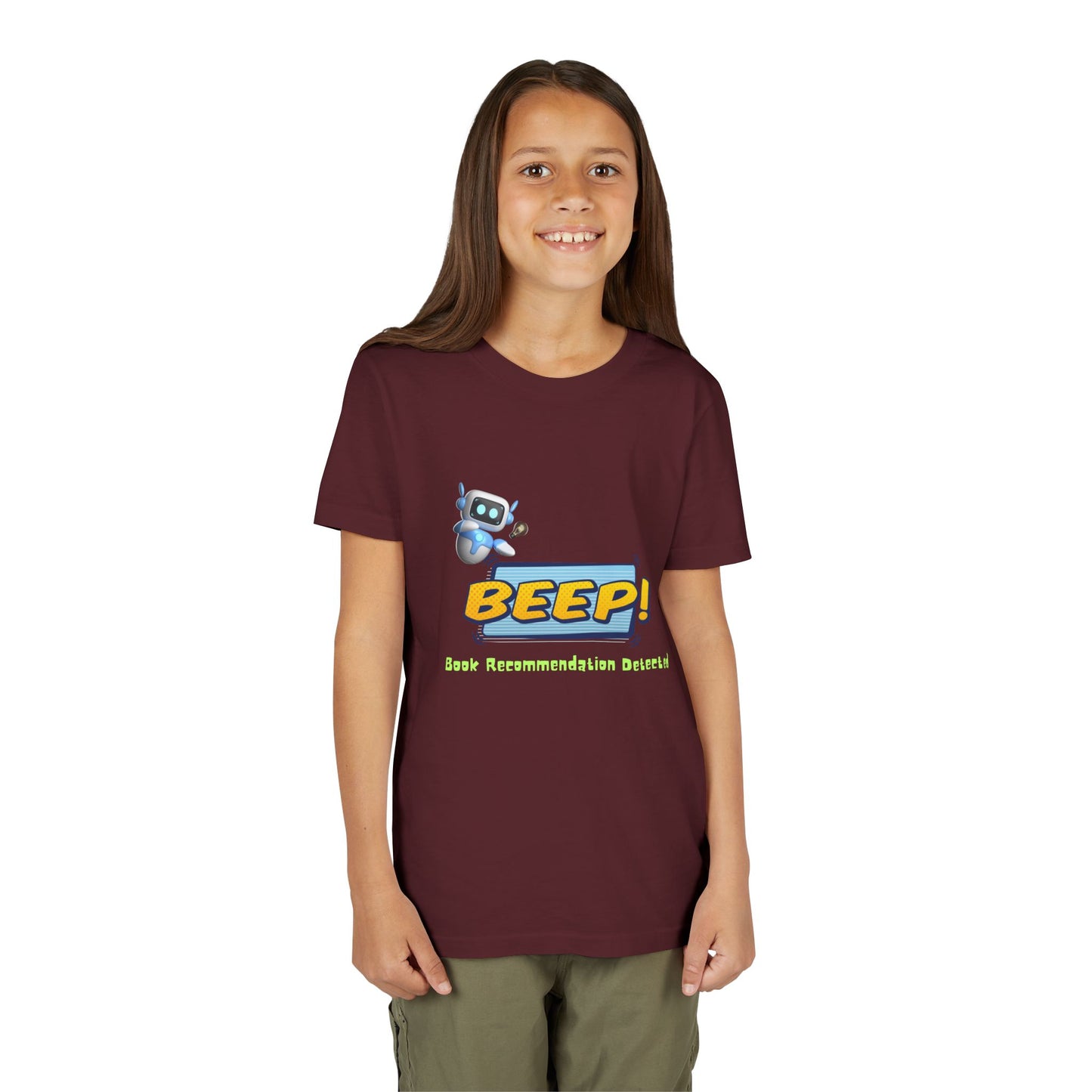 Girl wearing a maroon t-shirt with robot graphic and 'BEEP! Book Recommendation Detected' text 