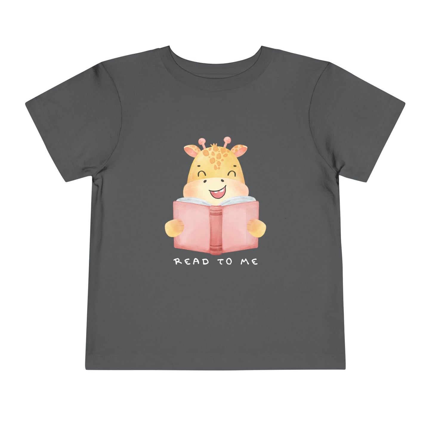 Gray toddler t-shirt with a giraffe reading a book graphic and 'Read to Me' text 