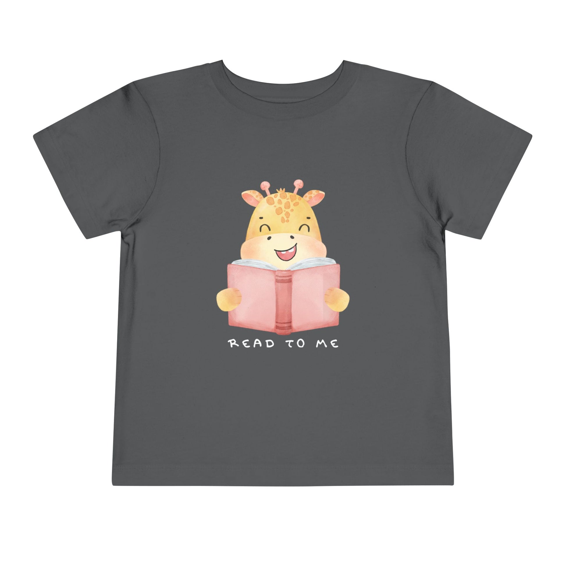 Gray toddler t-shirt with a giraffe reading a book graphic and 'Read to Me' text 