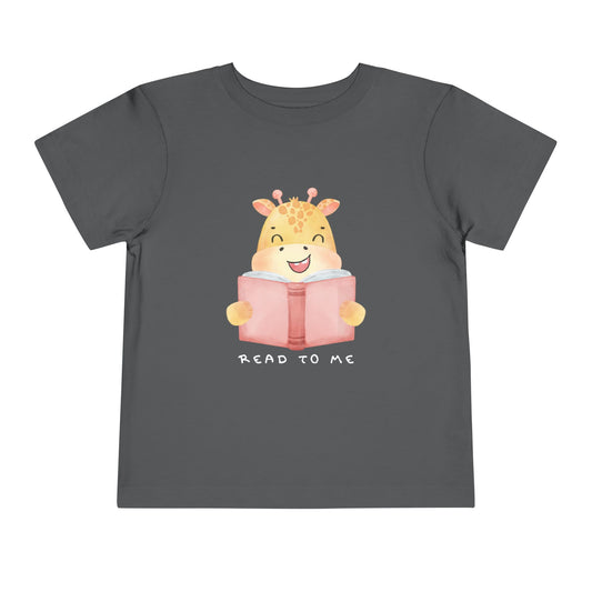 Gray toddler t-shirt with a giraffe reading a book graphic and 'Read to Me' text 