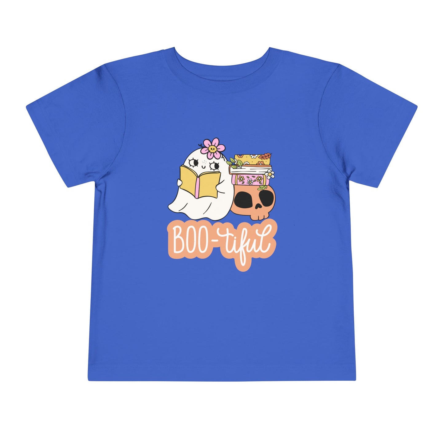 Blue toddler t-shirt with a ghost reading a book and the word 'BOO-tiful' on a white background