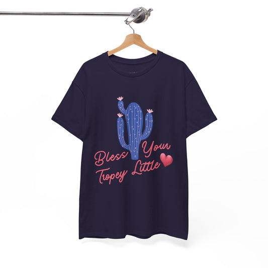 Dark blue t-shirt with a pink and blue cactus and text 'Bless Your Tropey Little' and then a picture of a heart
