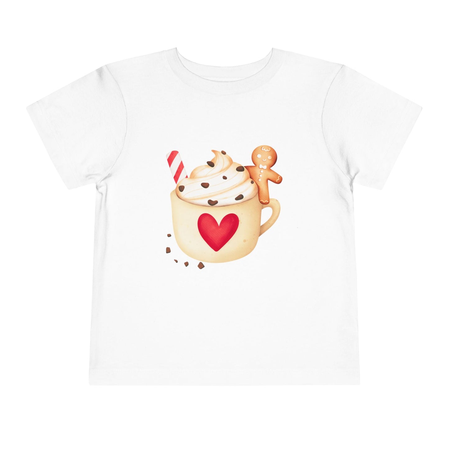 White toddler t-shirt with a hot chocolate graphic featuring a heart and gingerbread on a white background