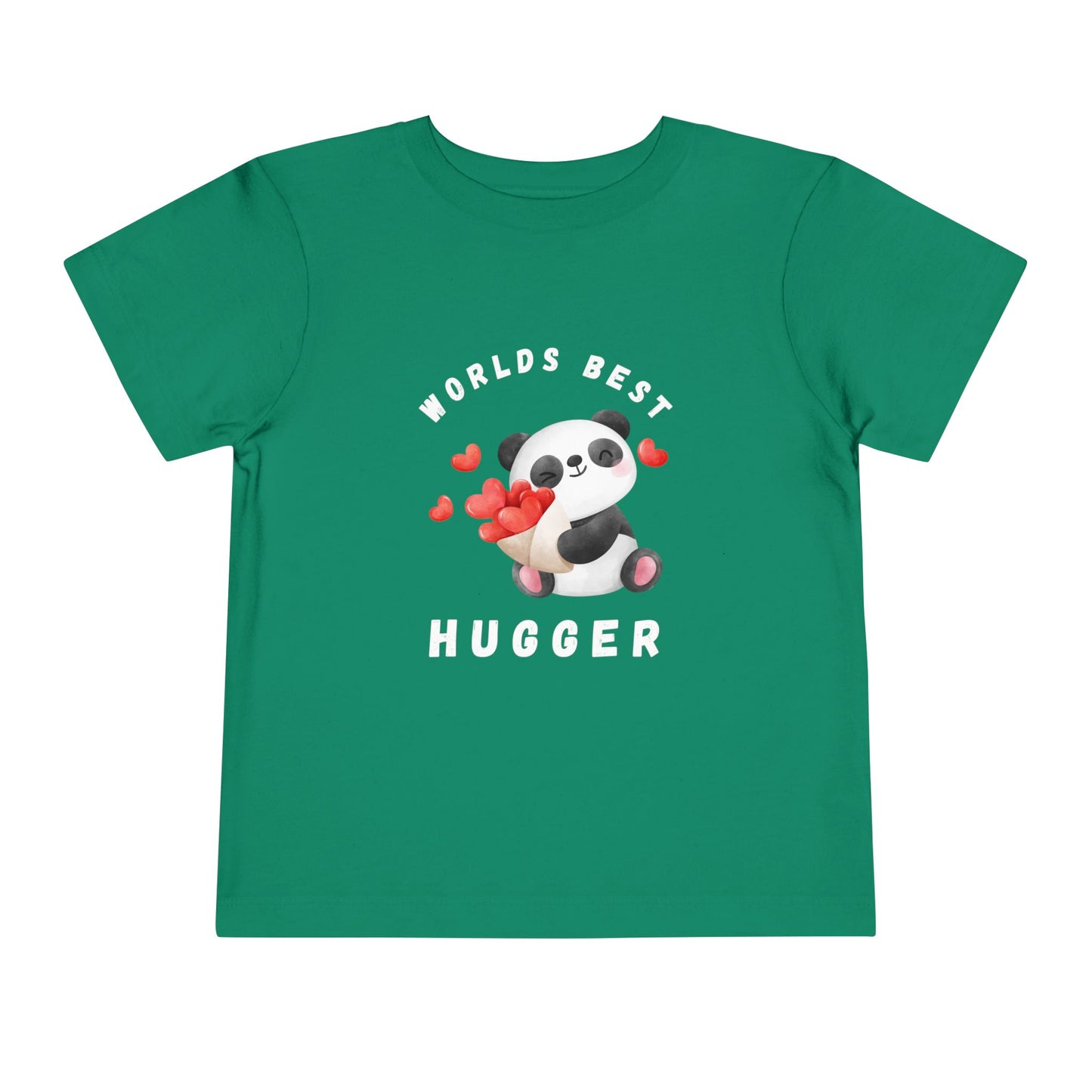Green toddler t-shirt with a panda holding hearts and 'Worlds Best Hugger' text 