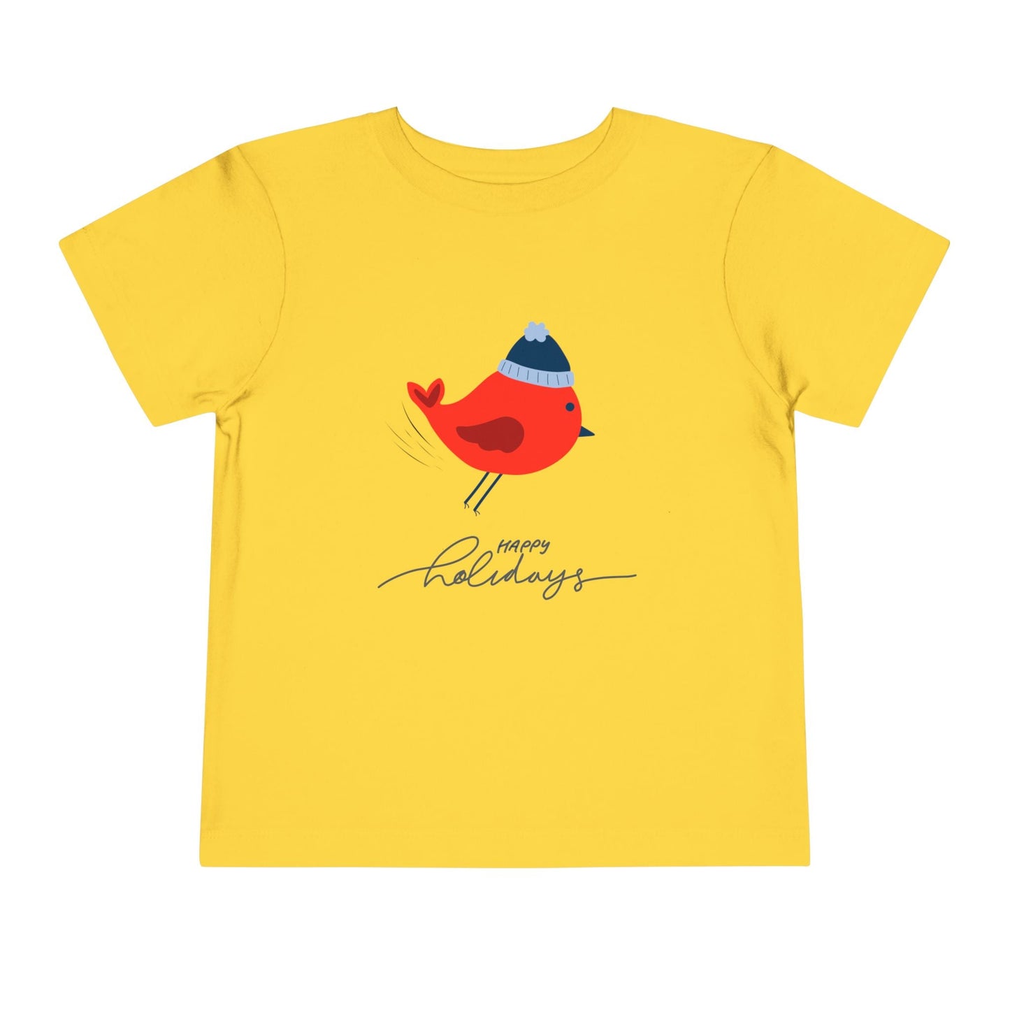 Yellow toddler t-shirt with a red robin bird graphic wearing a winter hat and 'Happy Holidays' text on a white background