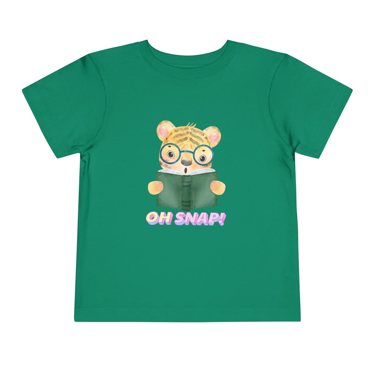Green toddler t-shirt with a surprised cartoon tiger wearing glasses, holding a book and text 'OH SNAP!' 