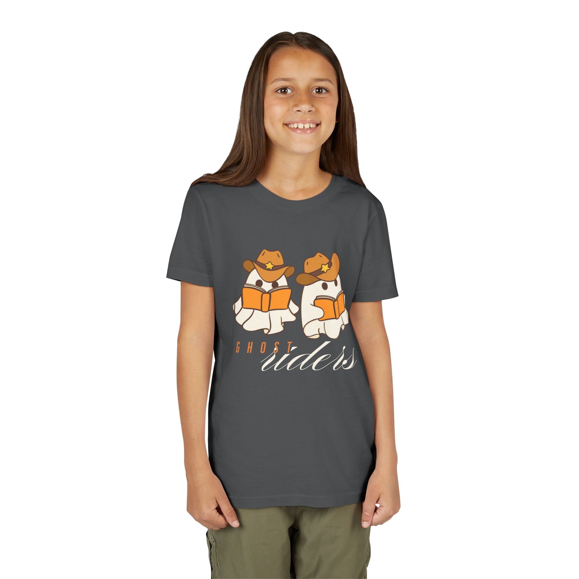 Girl wearing a gray t-shirt with cowboy hat wearing ghost reading books and text 'Ghost Riders'