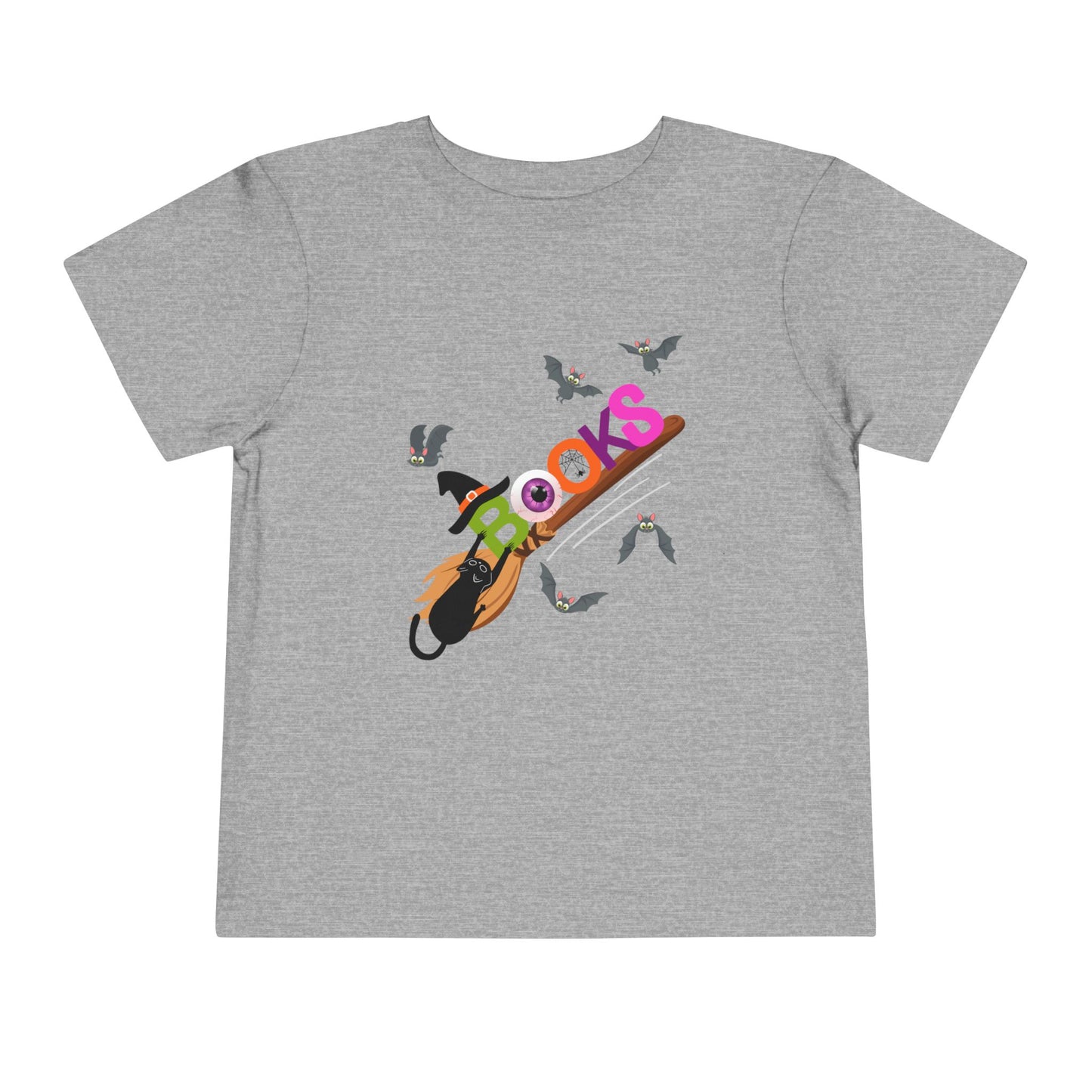 Gray toddler t-shirt with colorful graphic design of 'BOOKS' riding a broom with a black cat barely handing on and bats all around