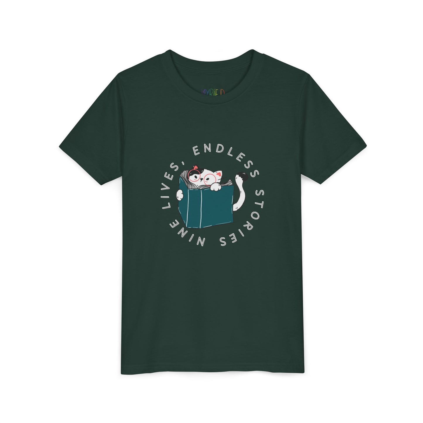 Dark green t-shirt with a cat reading a book graphic and text 'nine lives, endless stories'