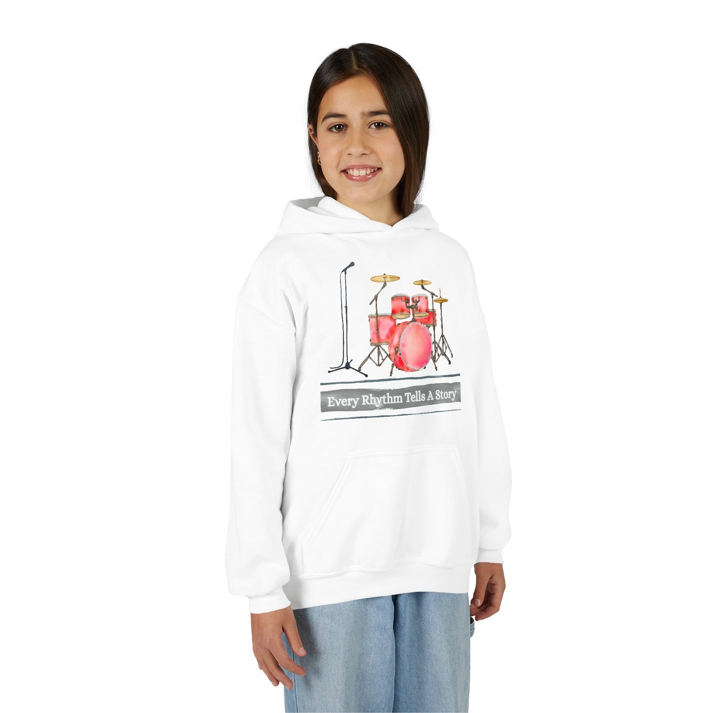 Girl wearing a white hoodie with microphone and drum set graphic, with text 'Every Rhythm Tells A Story' 