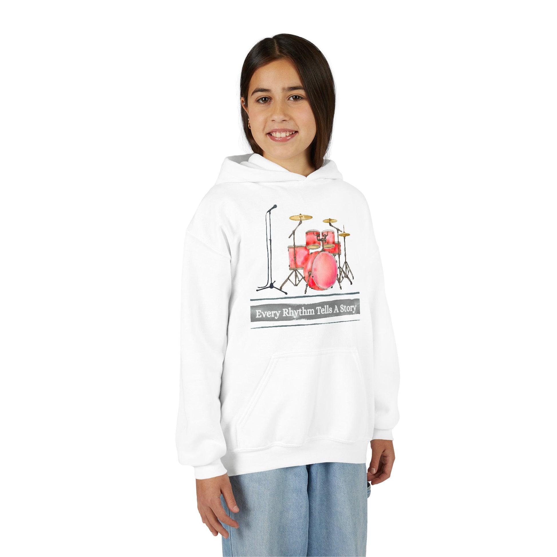 Girl wearing a white hoodie with microphone and drum set graphic, with text 'Every Rhythm Tells A Story' 