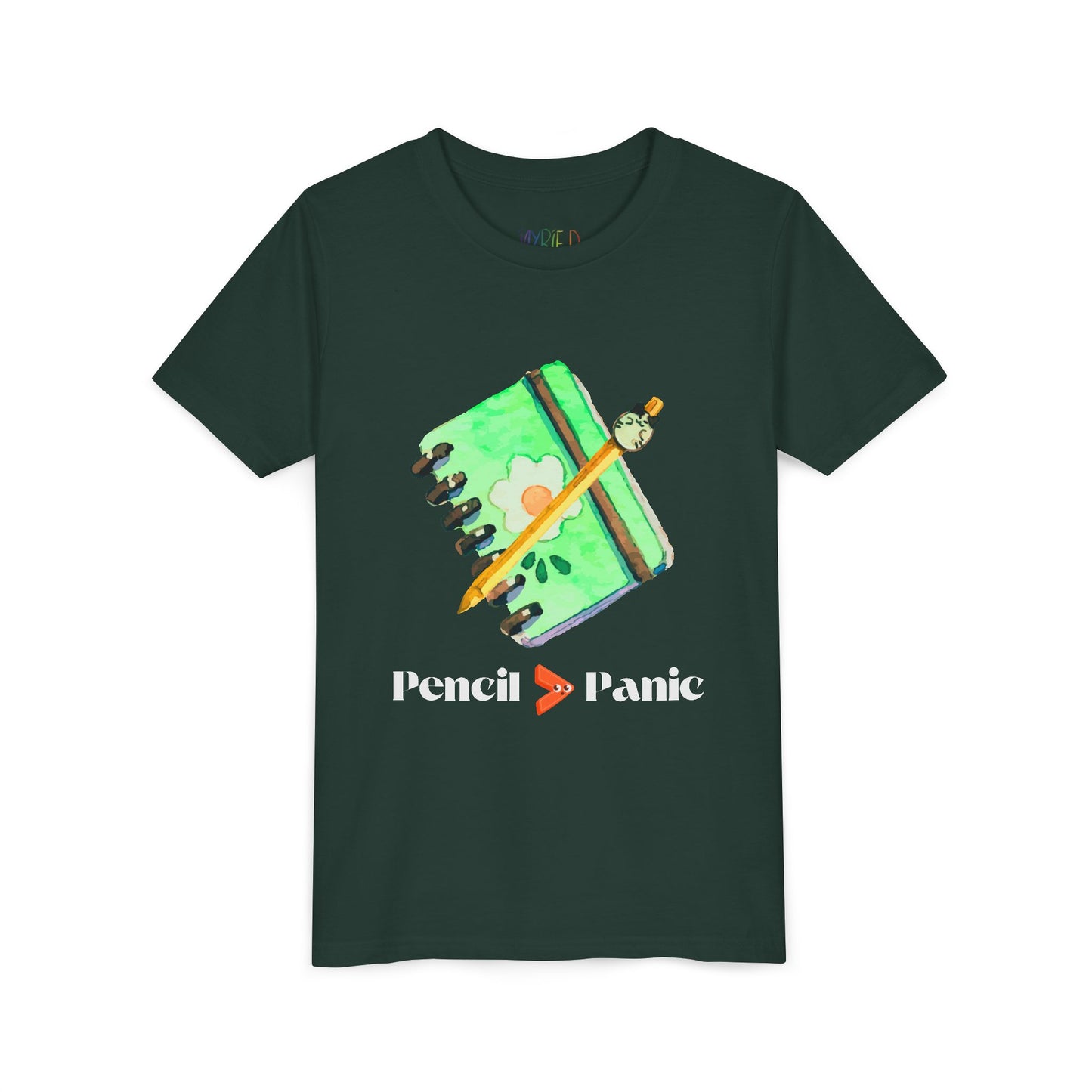 Dark green t-shirt with a green notebook and pencil graphic and 'Pencil > Panic' text