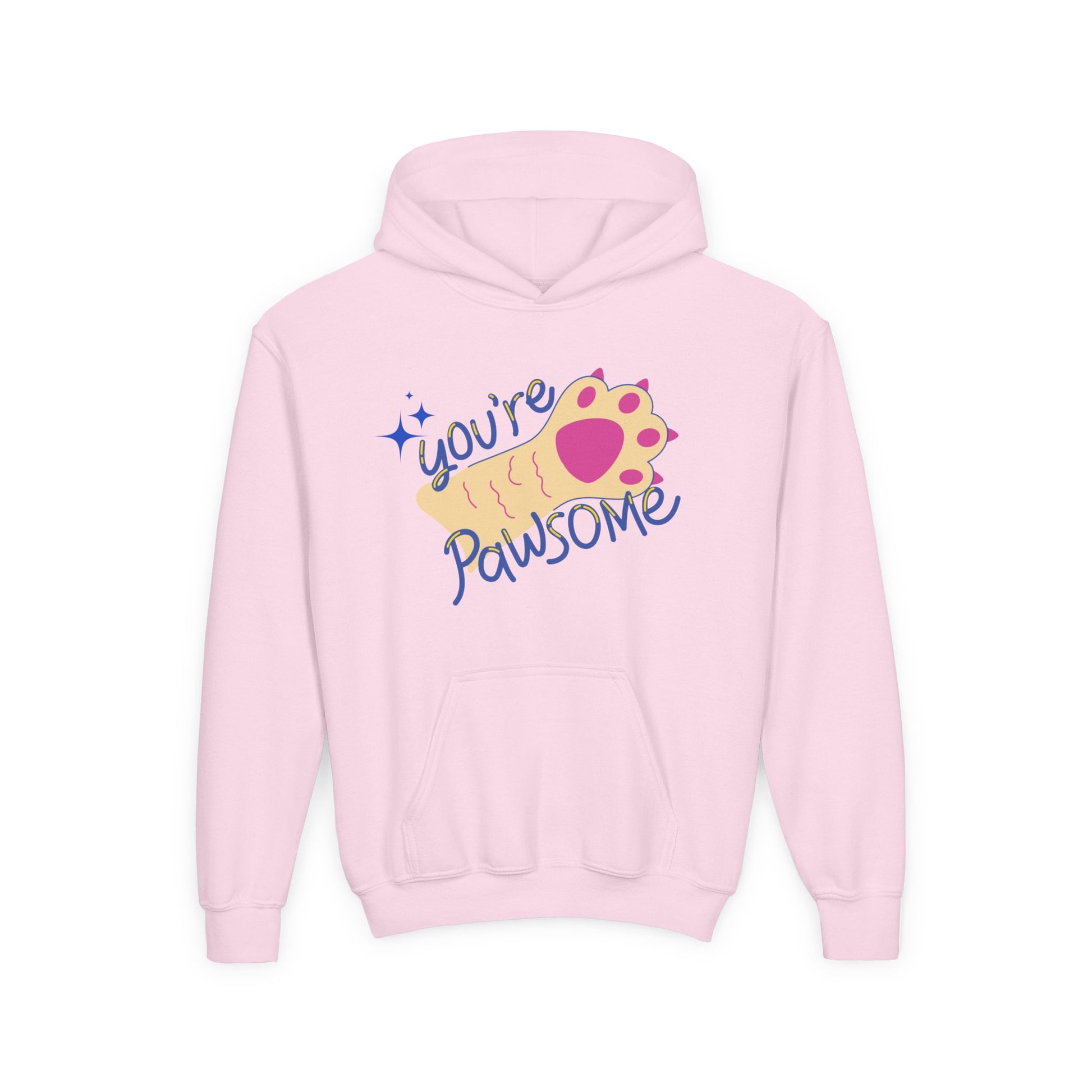 Pink hoodie with paw print and sparkling text 'You're Pawsome'